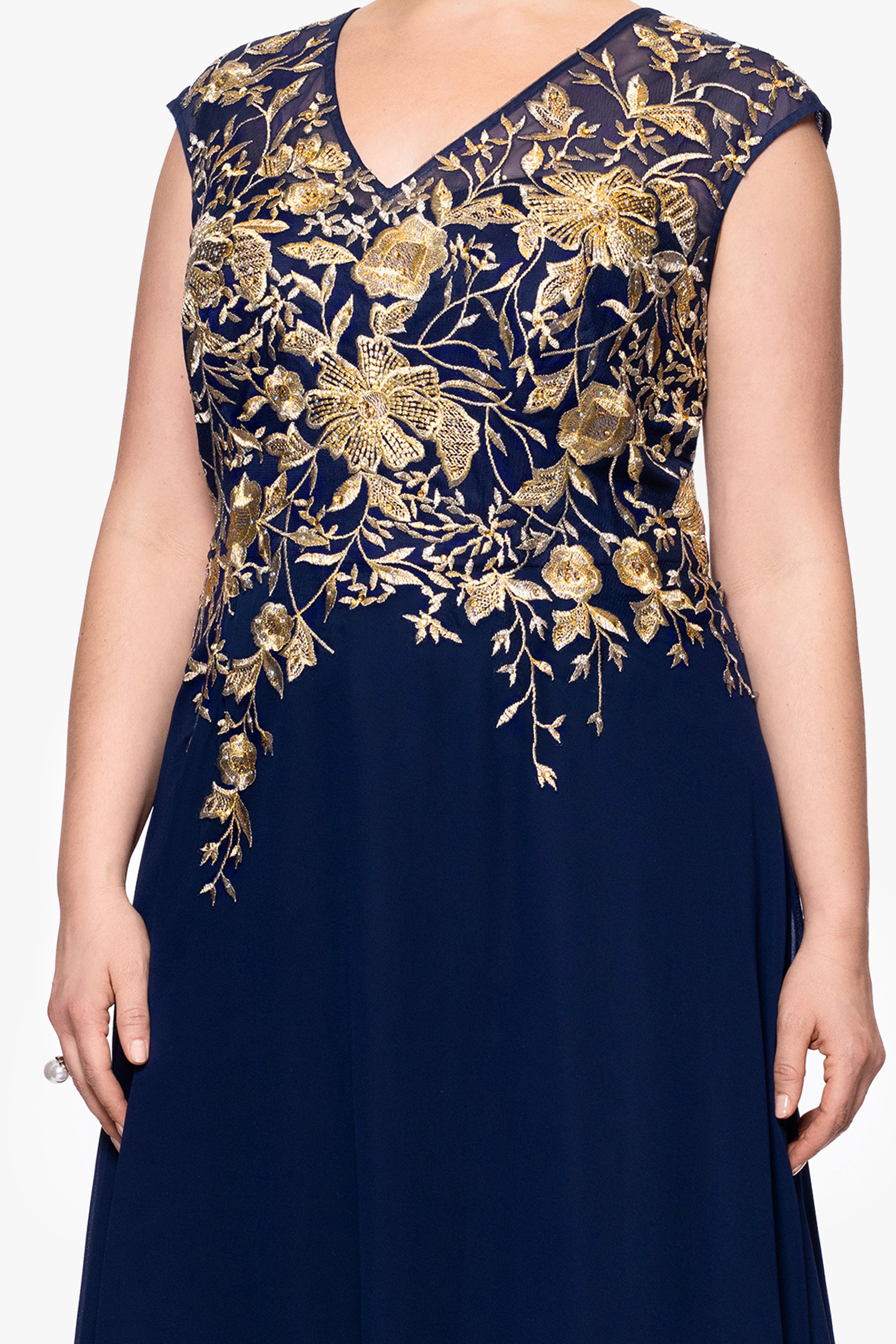 Plus "Maeve" Chiffon Embroidered Bodice Floor Length Dress