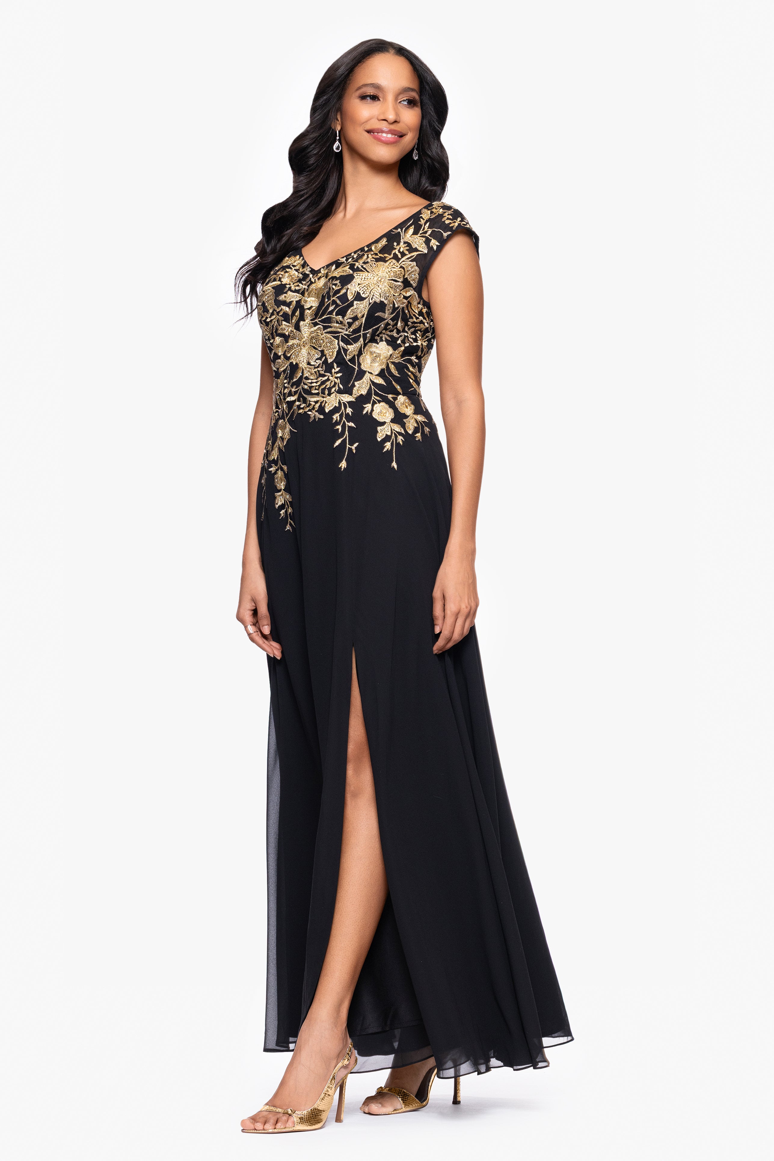 "Maeve" Chiffon Embroidered Bodice Floor Length Dress