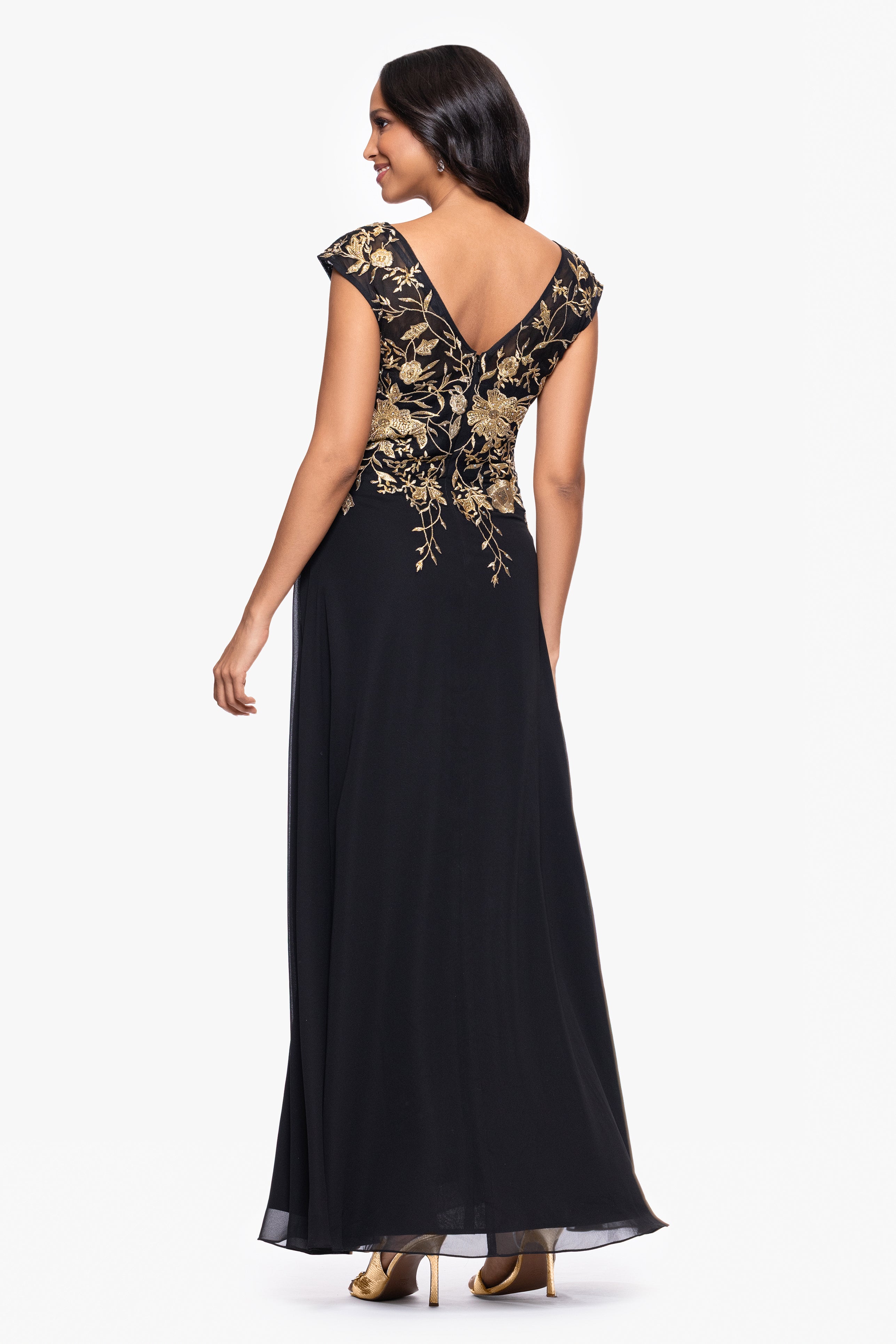 "Maeve" Chiffon Embroidered Bodice Floor Length Dress
