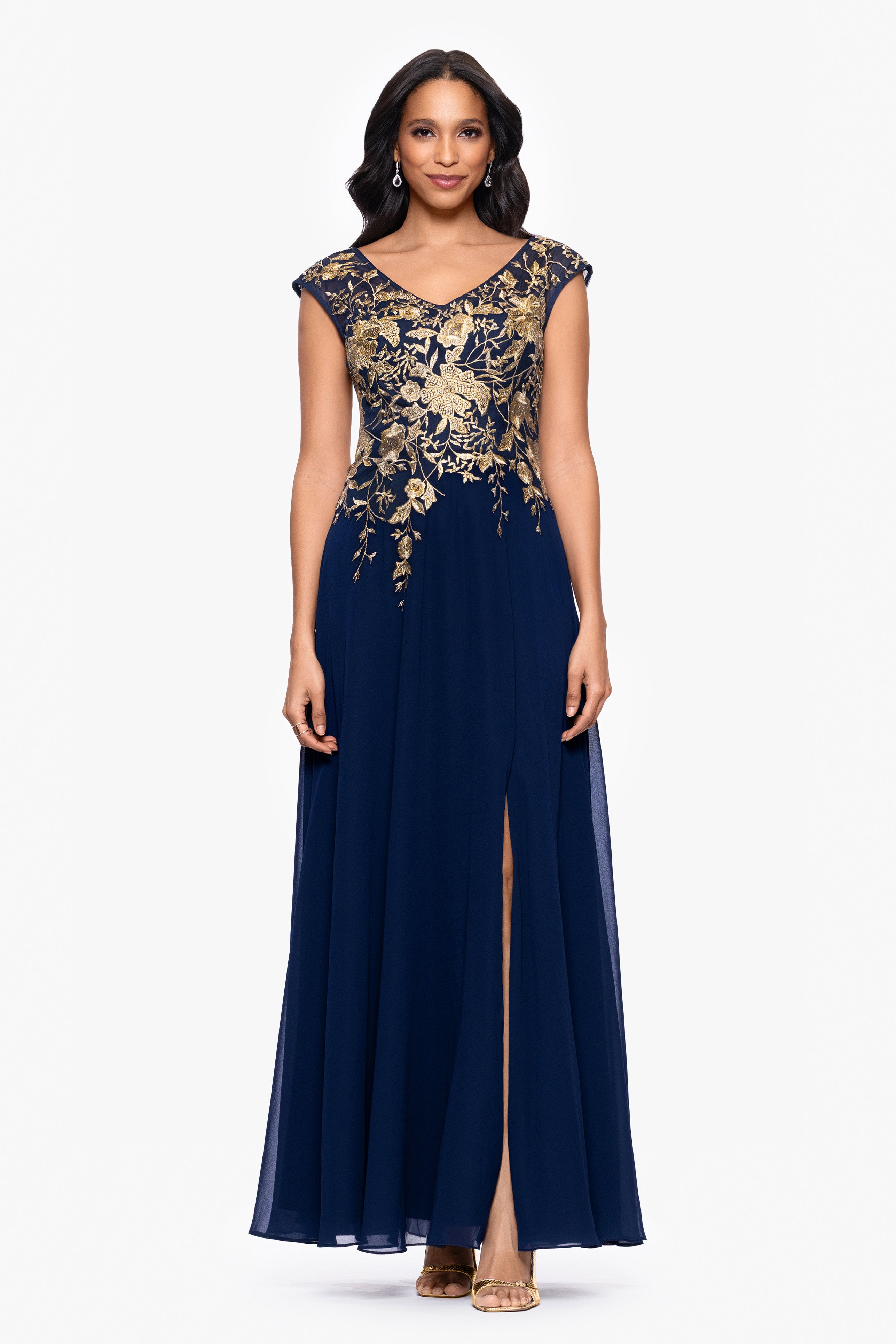 "Maeve" Chiffon Embroidered Bodice Floor Length Dress