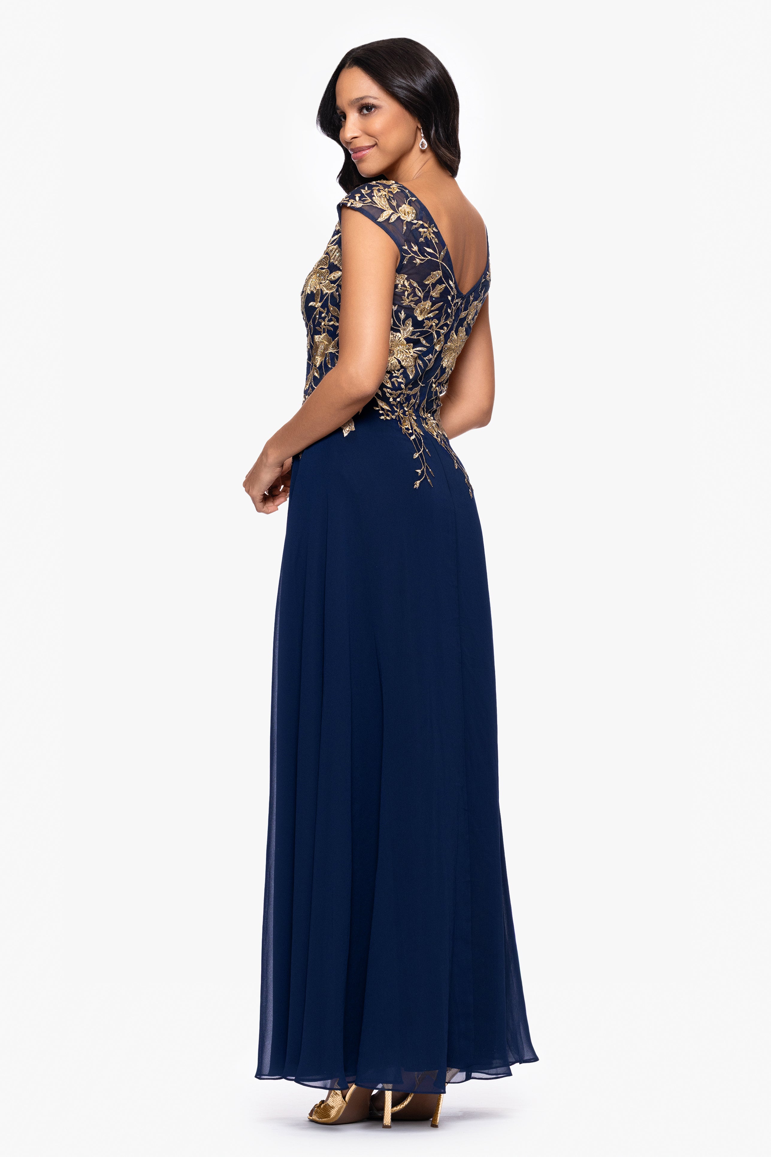 "Maeve" Chiffon Embroidered Bodice Floor Length Dress