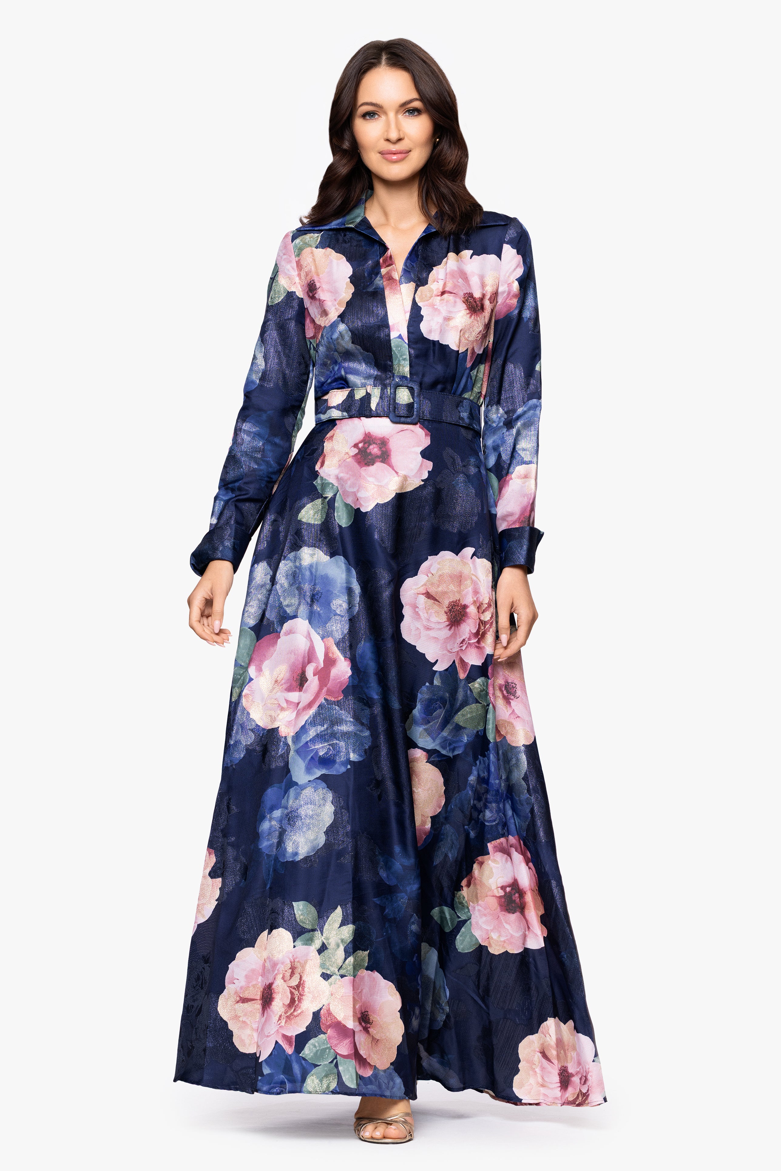 "Rubina" Brocade Collared V-Neck Floor Length Dress
