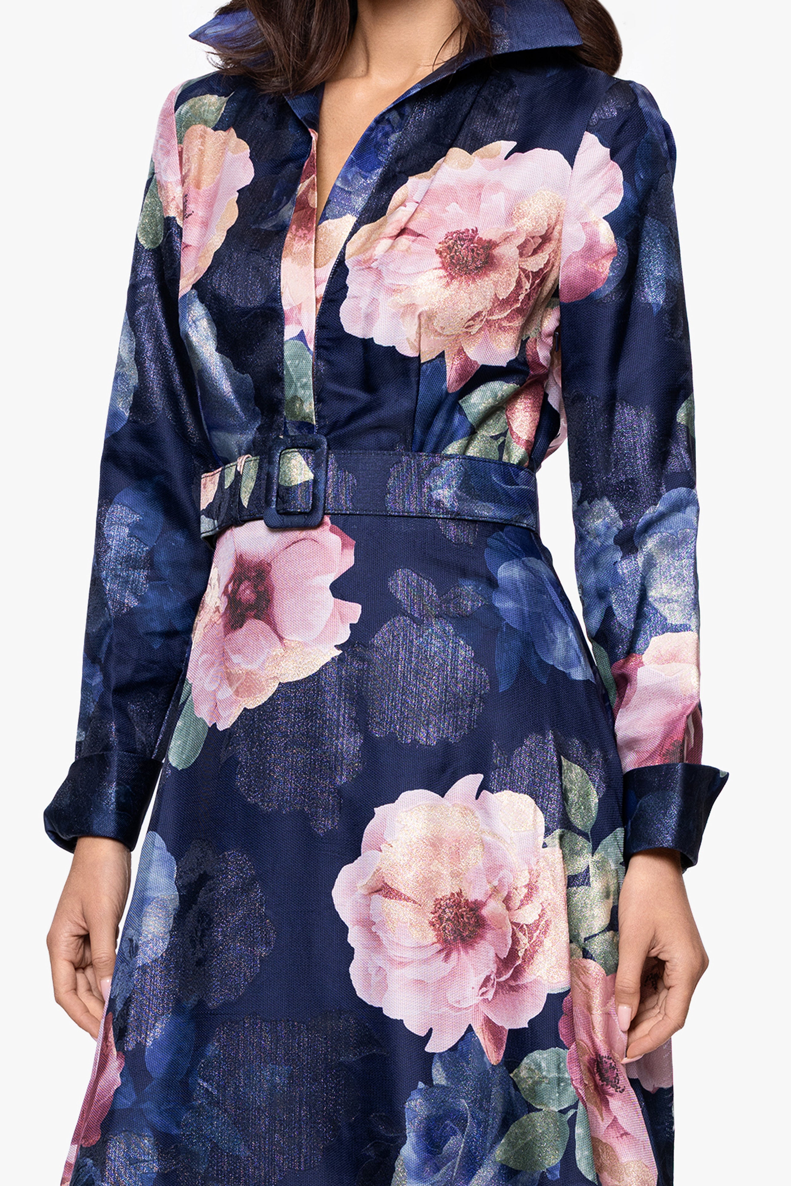 "Rubina" Brocade Collared V-Neck Floor Length Dress