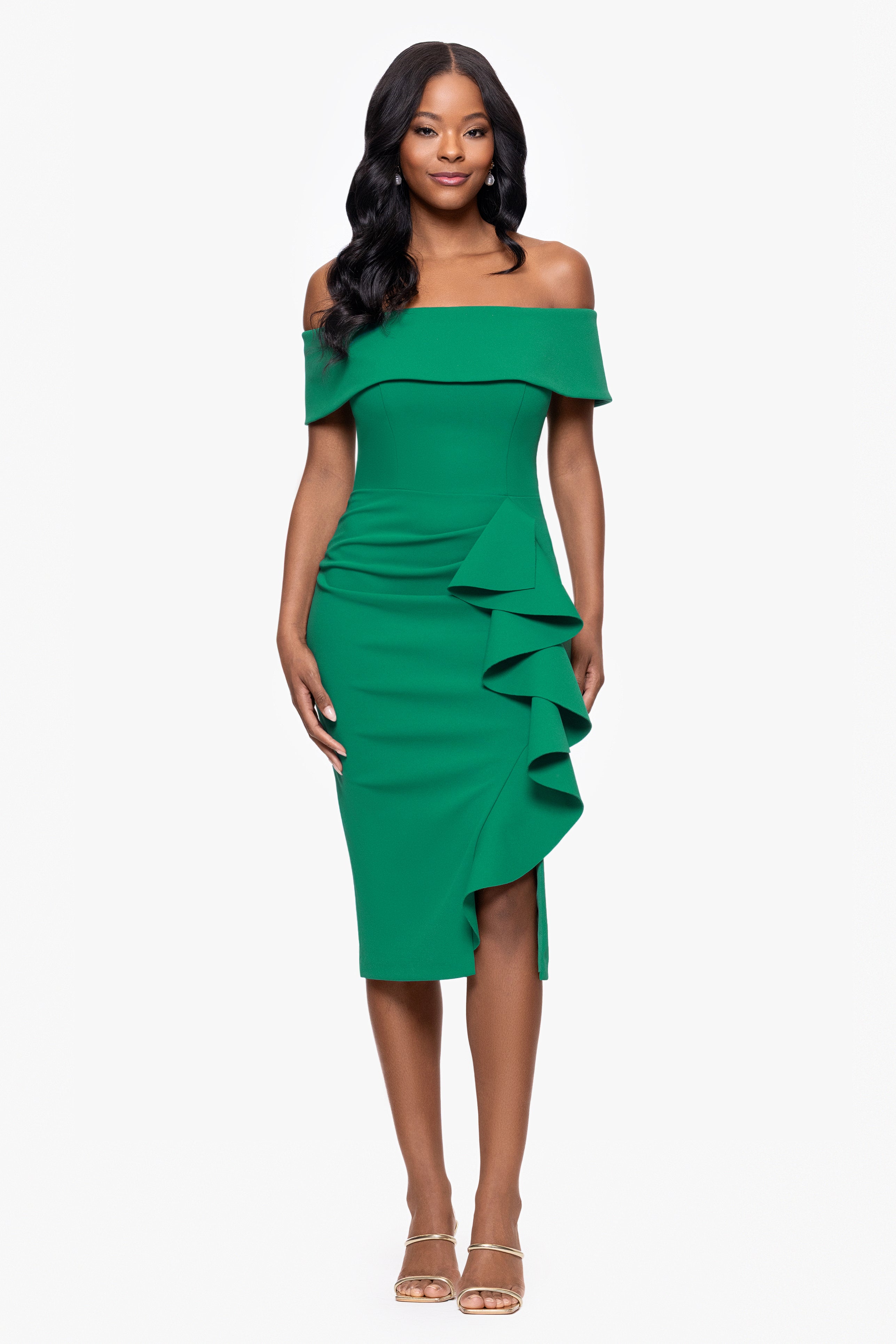"Kourtney" Scuba Crepe Off the Shoulder Ruffle Midi Dress