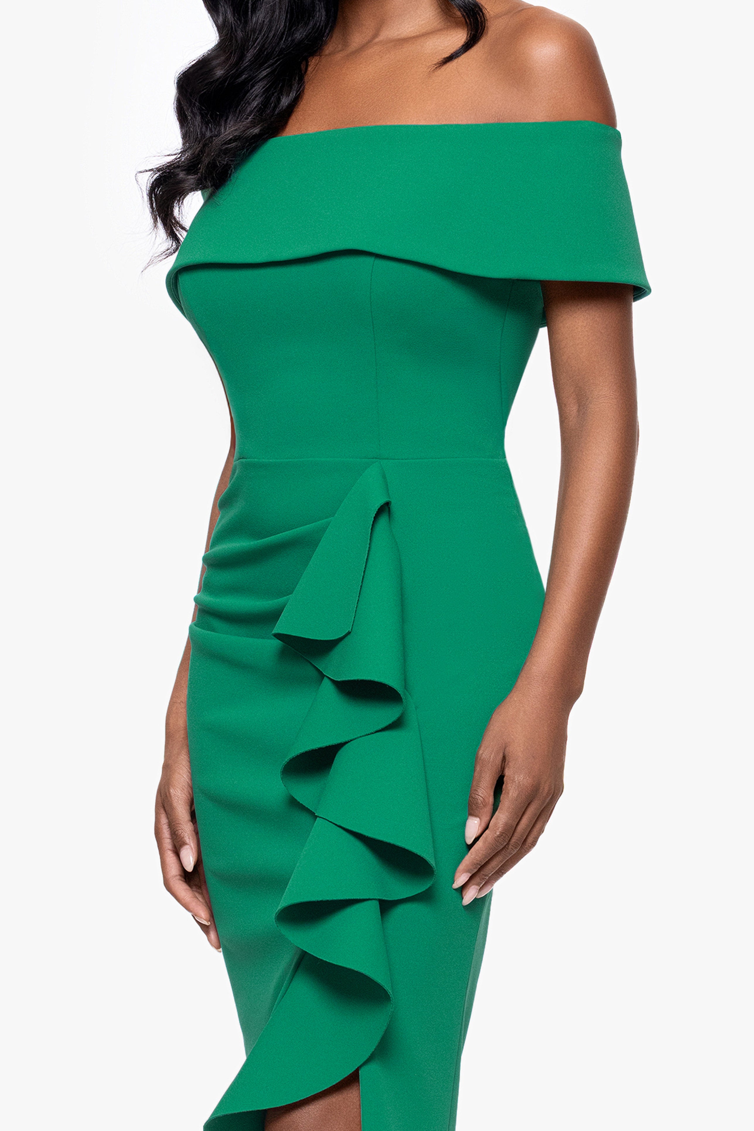 "Kourtney" Scuba Crepe Off the Shoulder Ruffle Midi Dress