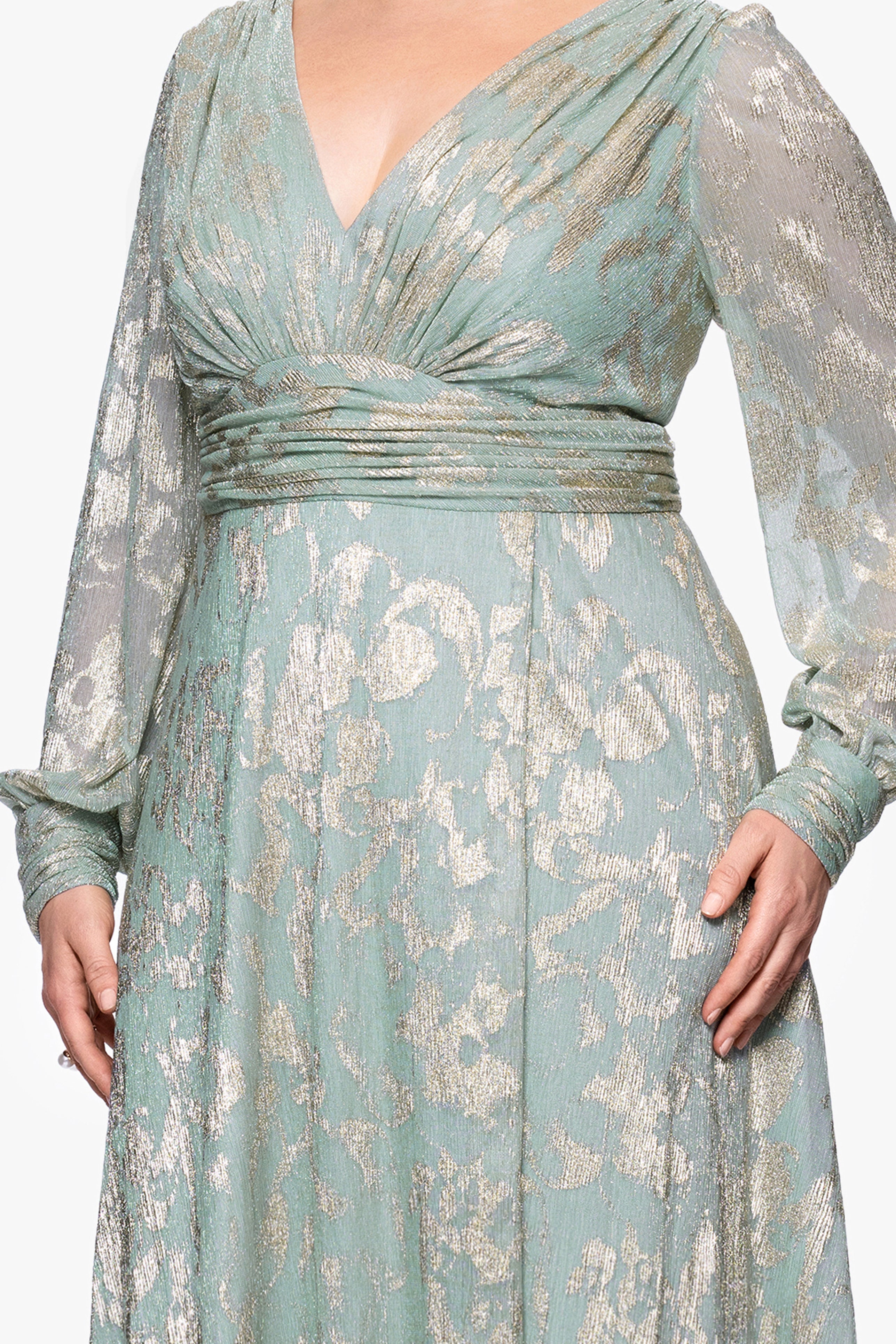 Plus "Melanie" Foil Knit V-Neck Long Sleeve Floor Length Dress