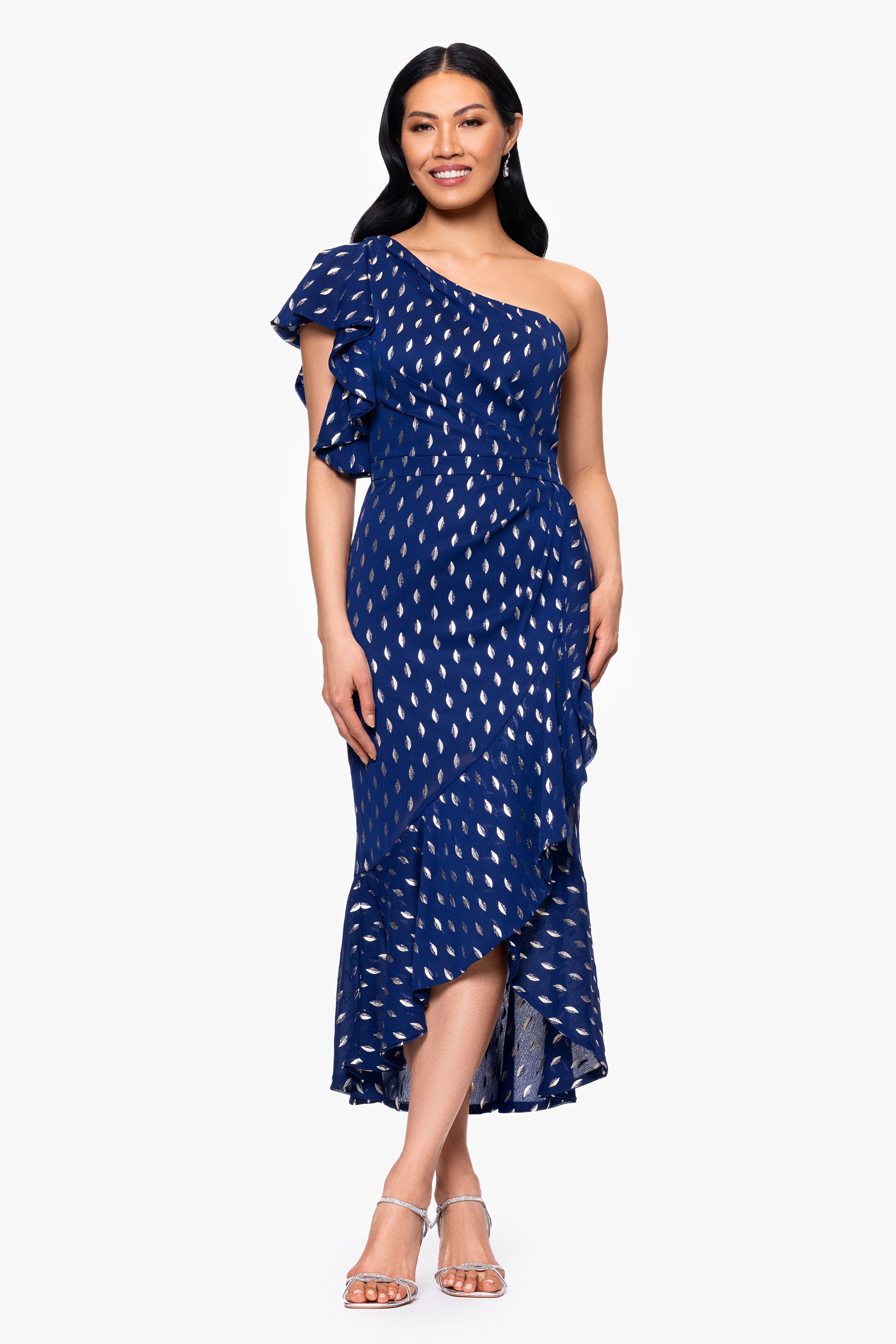 "Nyla" Chiffon One Shoulder Ruffle Midi Dress