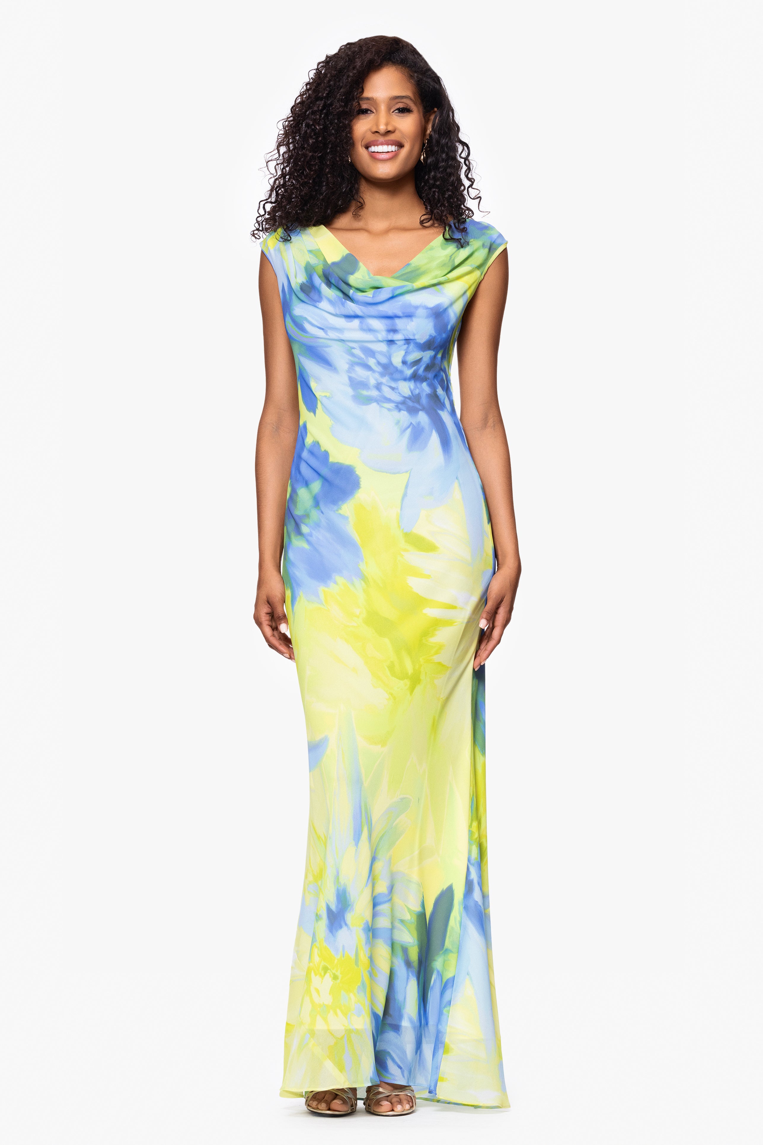 "Isabel" Print Chiffon Cowl Neck Floor Length Dress