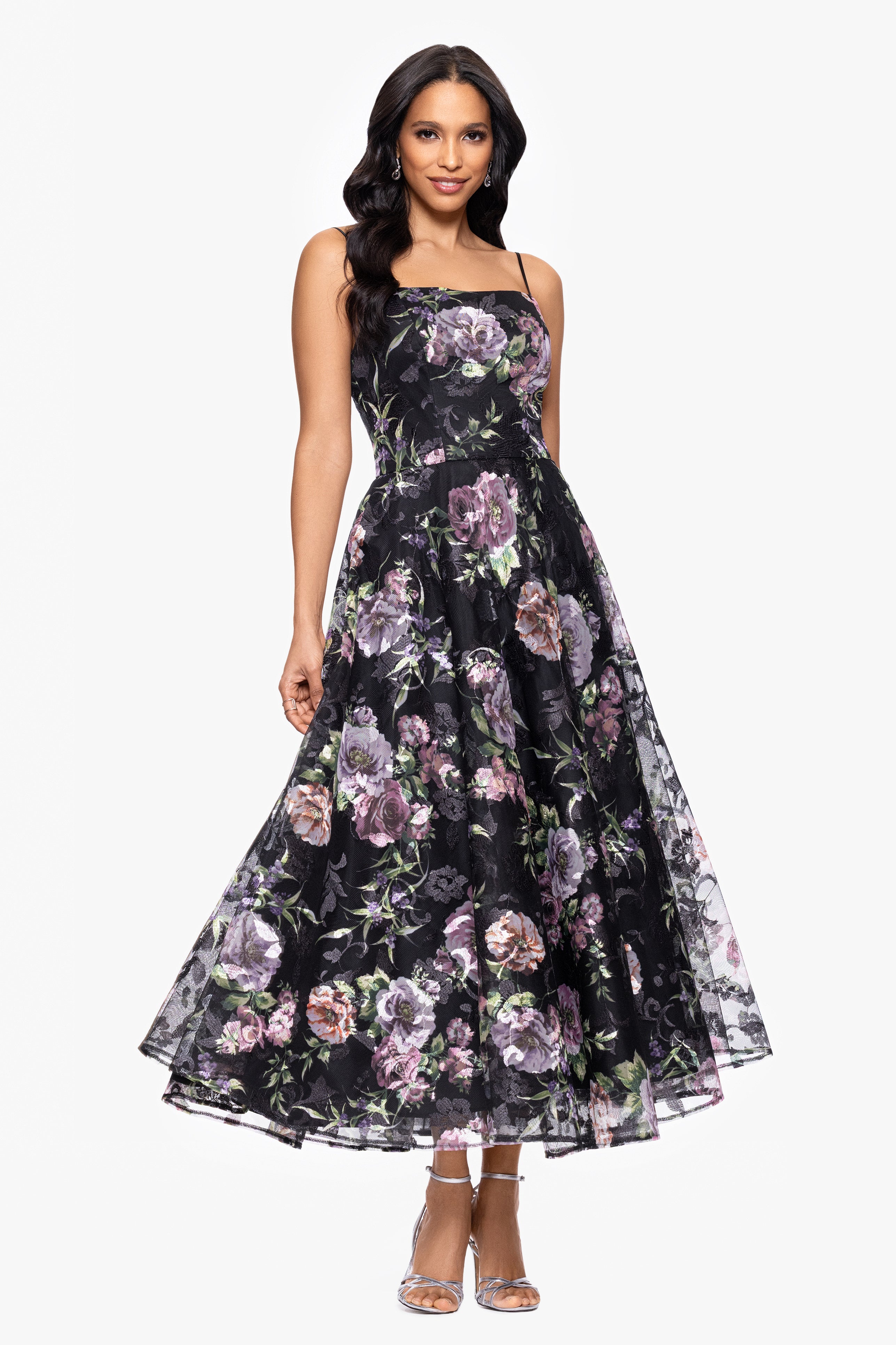 "Colleen" Print Mesh Spaghetti Strap Midi Dress