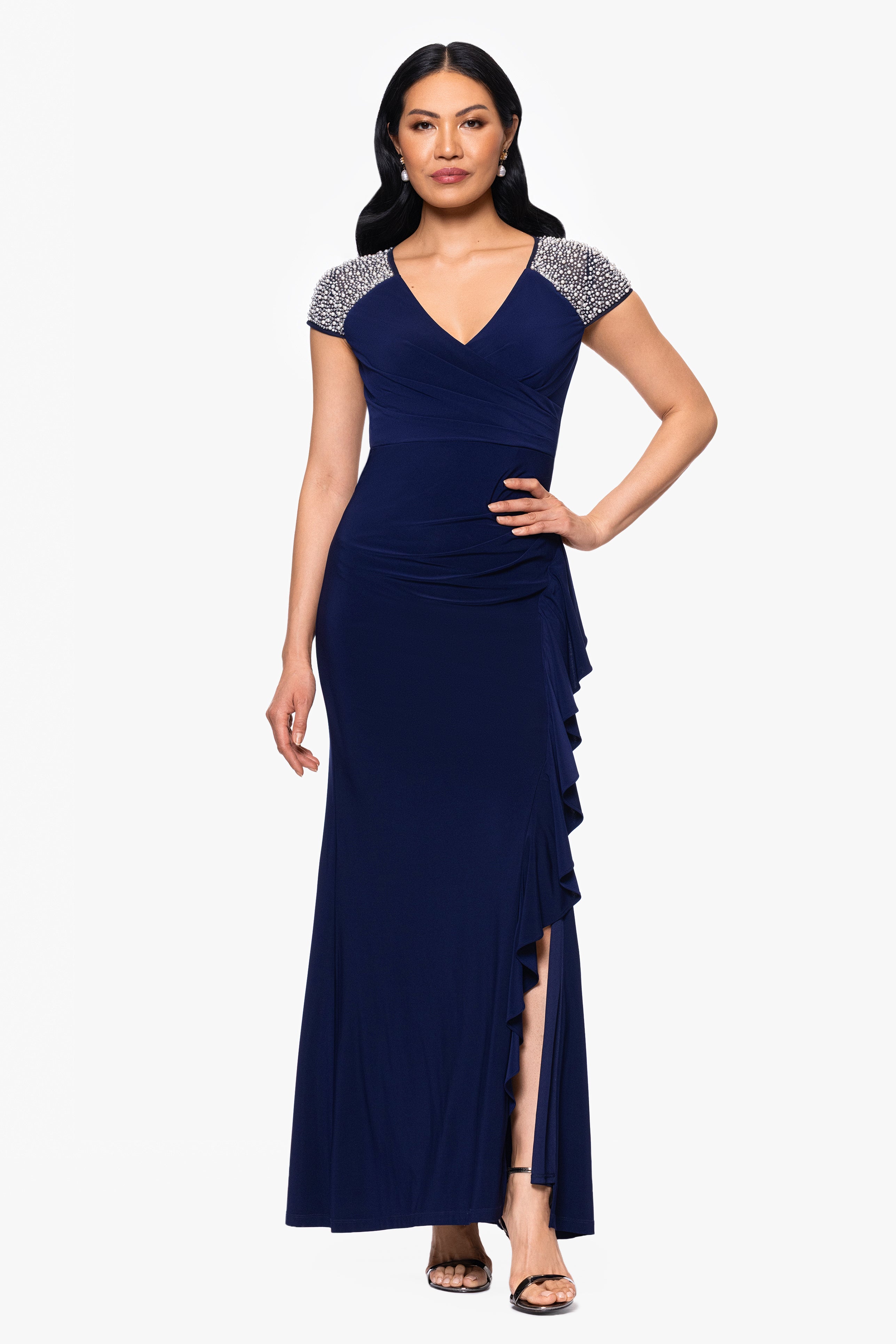 "Aaliyah" Jersey Knit Embellished Short Sleeve Ruffle Floor Length Dress