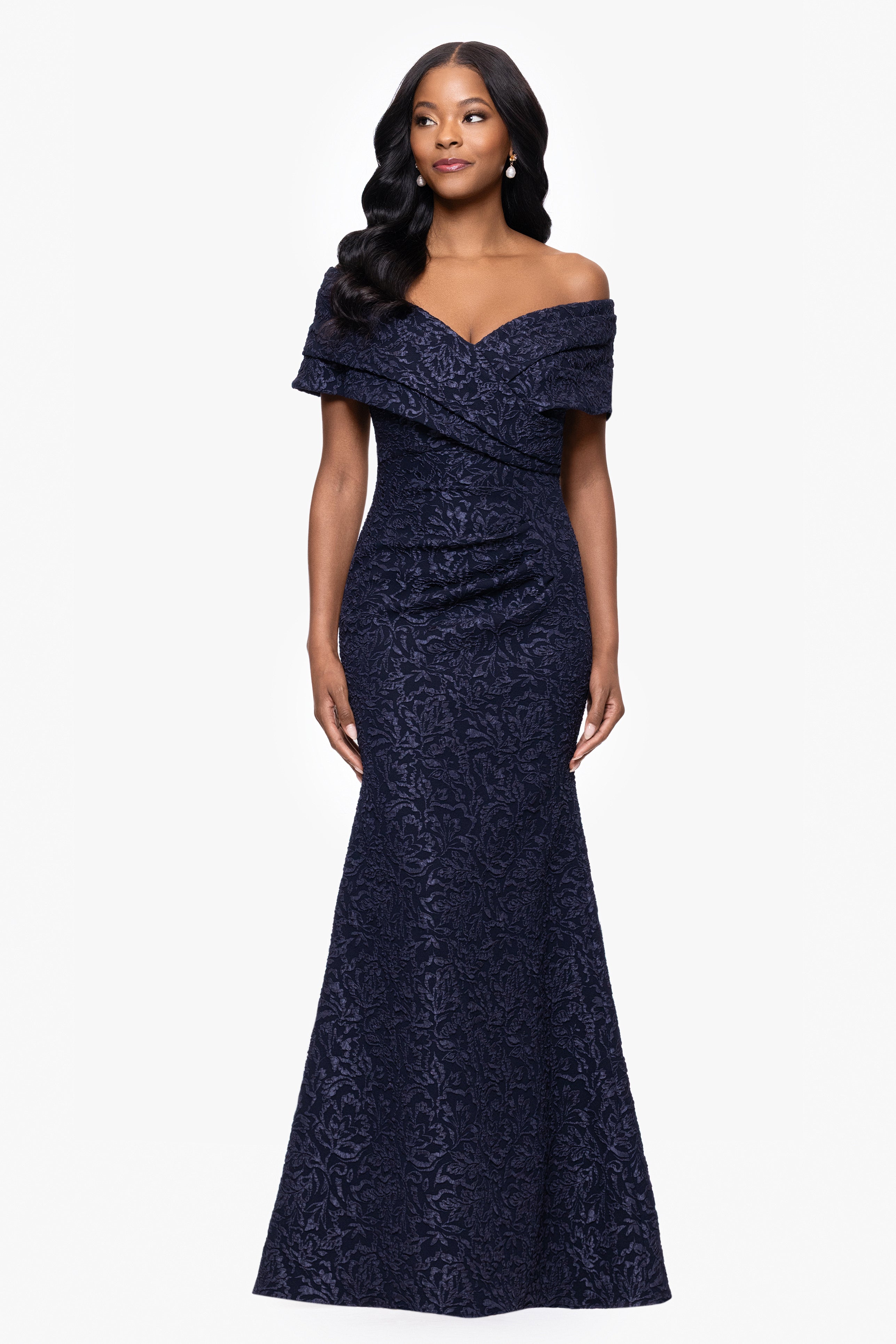 "Dolly" Jacquard Off the Shoulder Floor Length Dress
