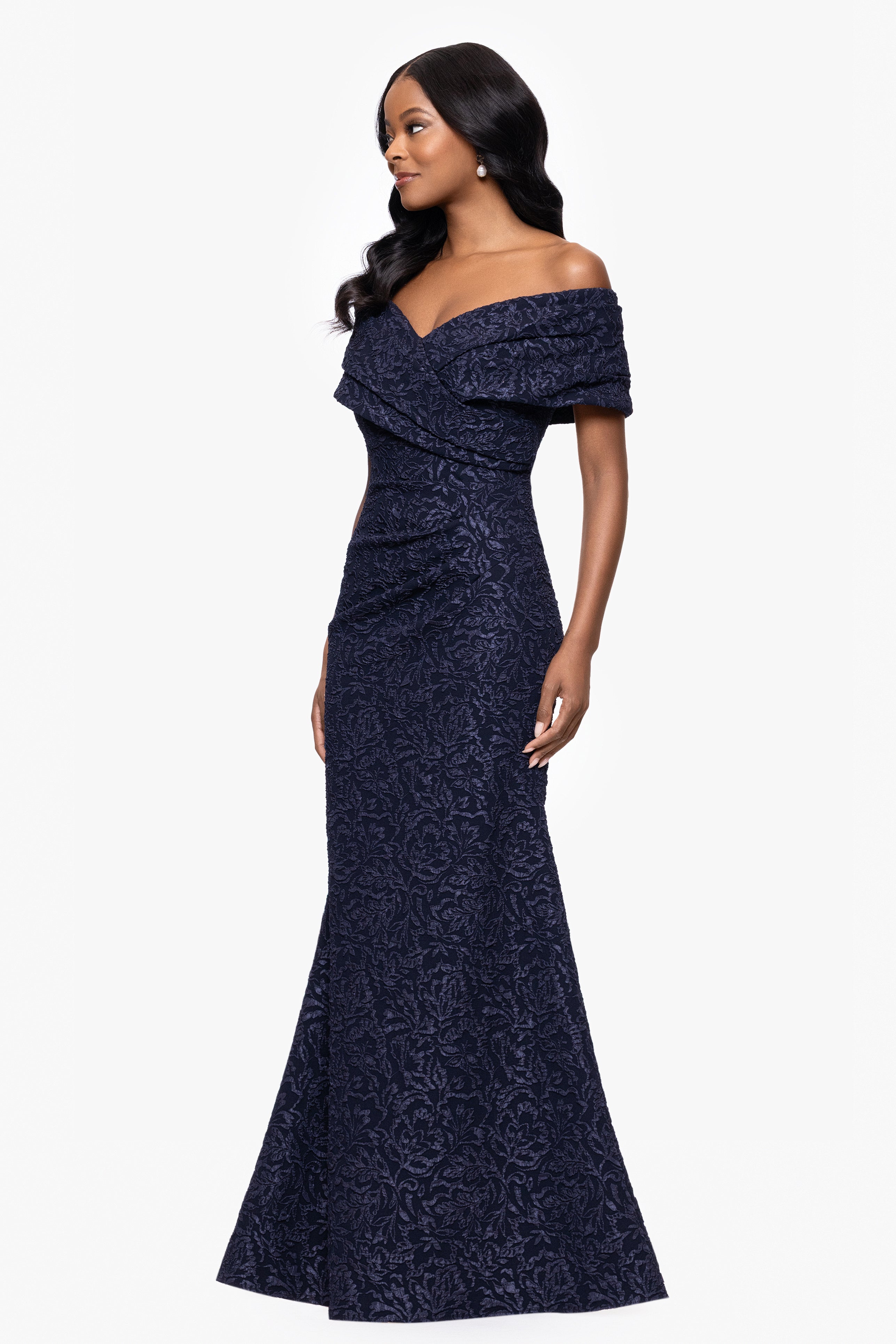 "Dolly" Jacquard Off the Shoulder Floor Length Dress