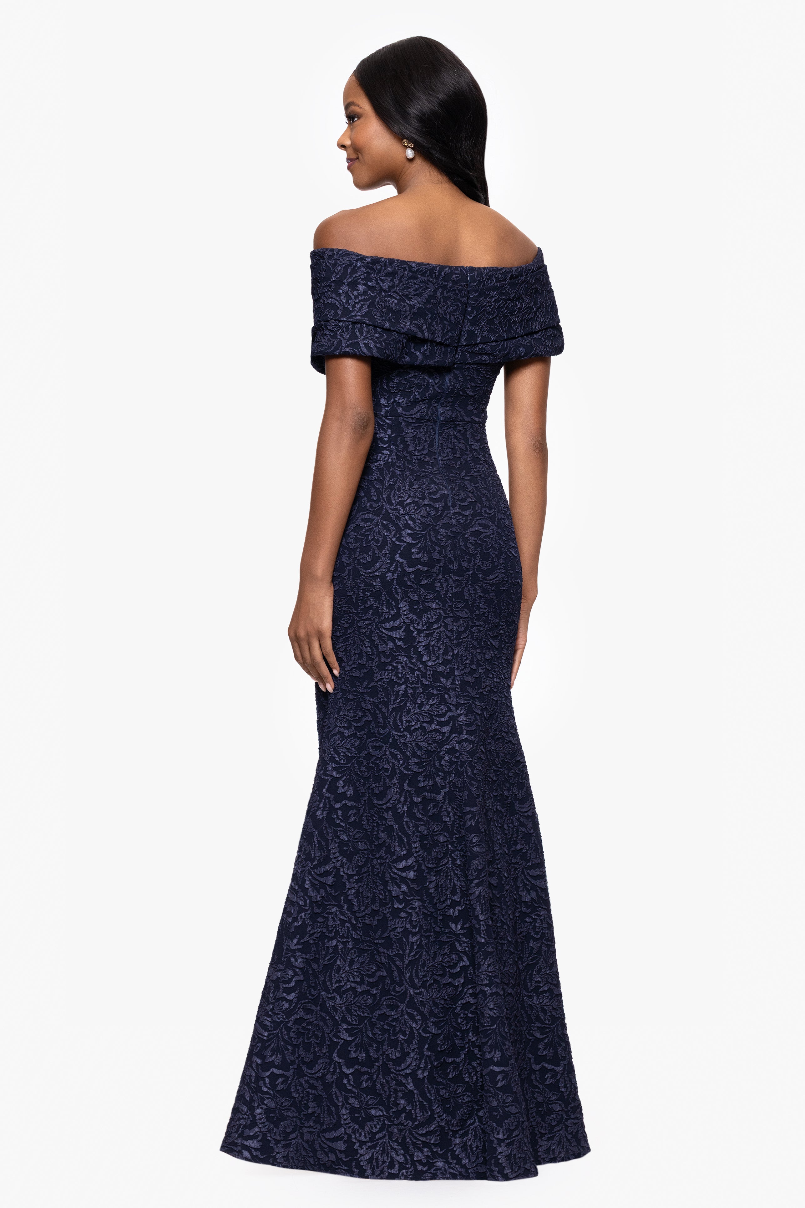 "Dolly" Jacquard Off the Shoulder Floor Length Dress