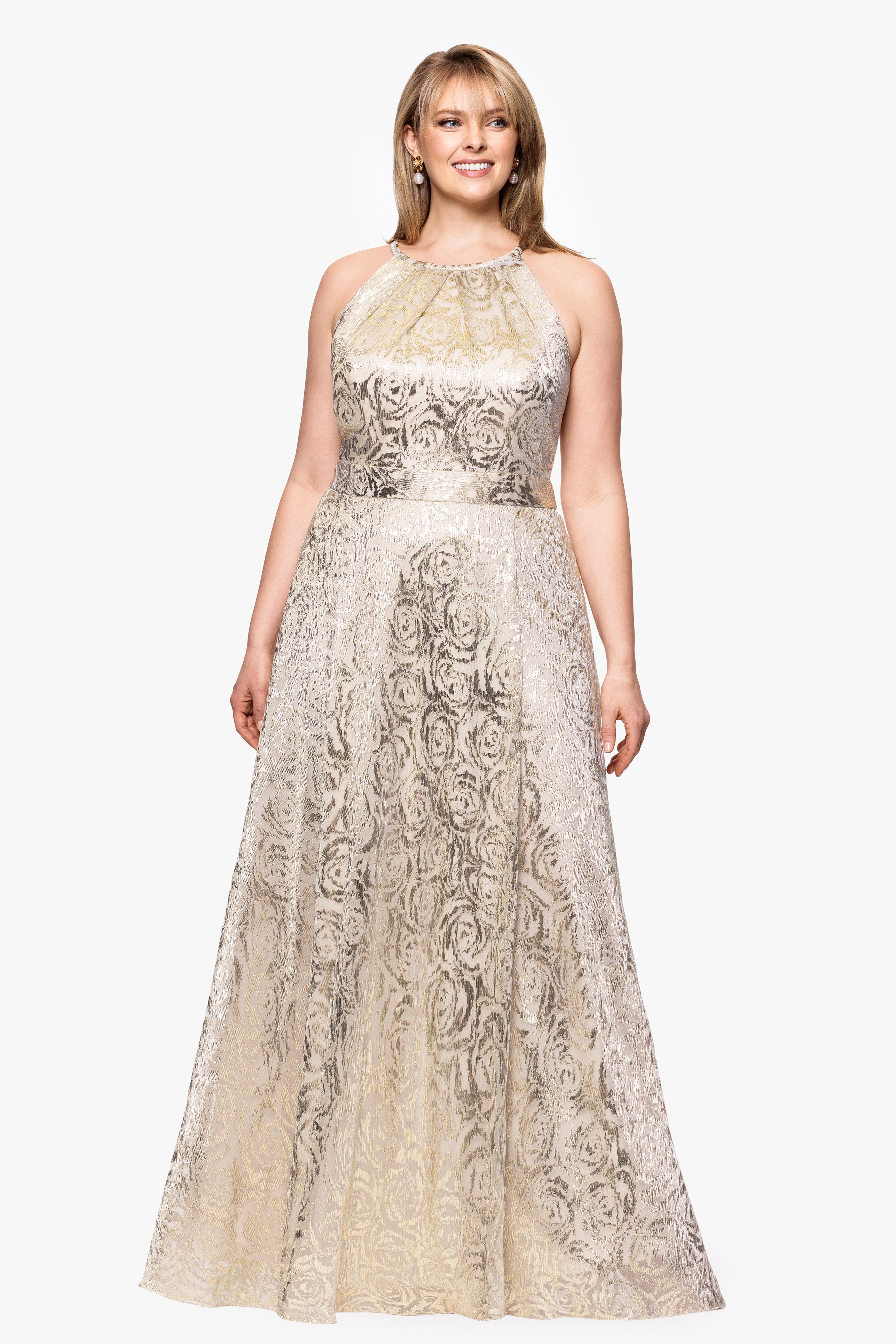 Plus "Luanne" Metallic Foil Halter Neck Floor Length Dress