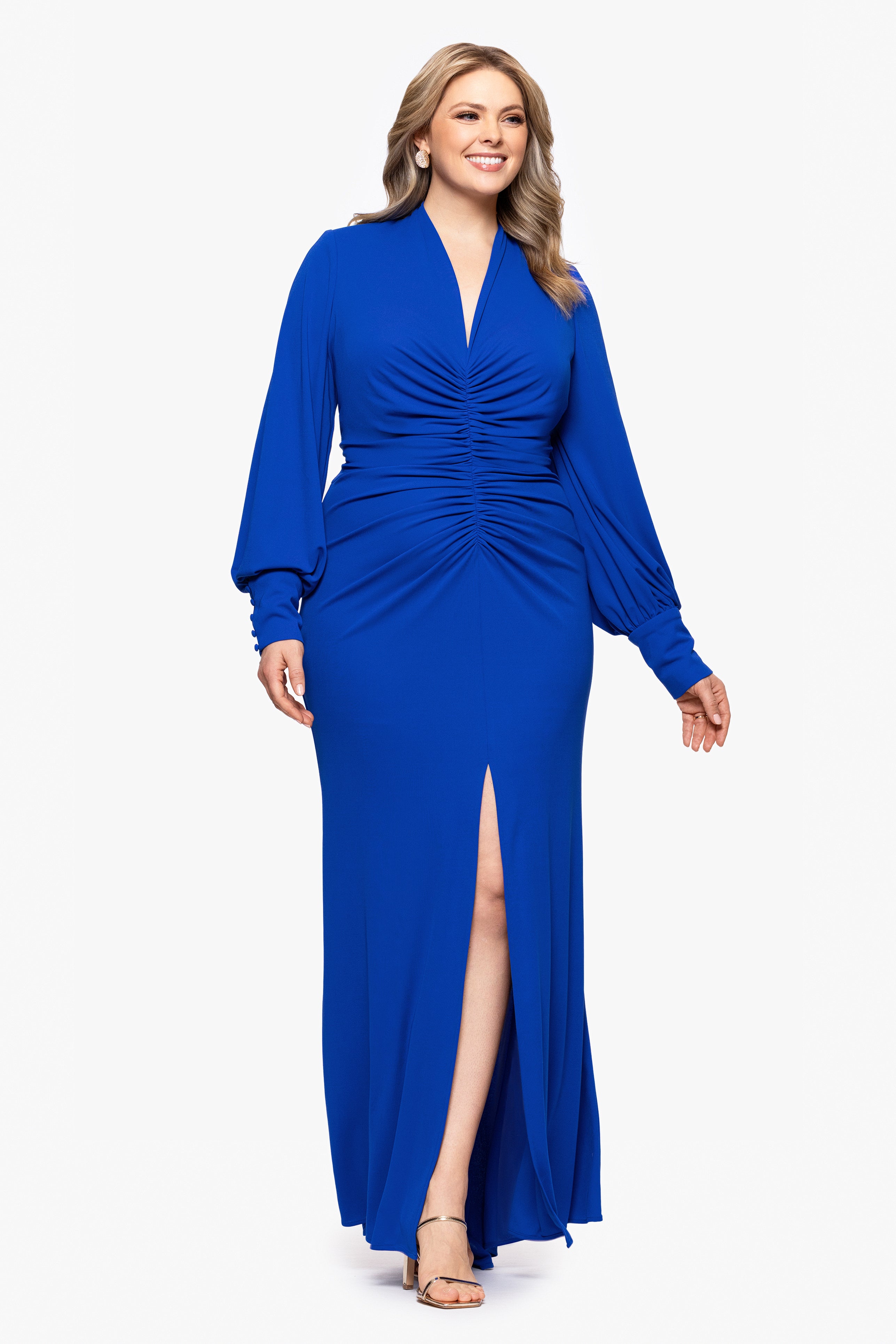 Plus "Julia" Matte Jersey Rouched Long Sleeve Floor Length Dress