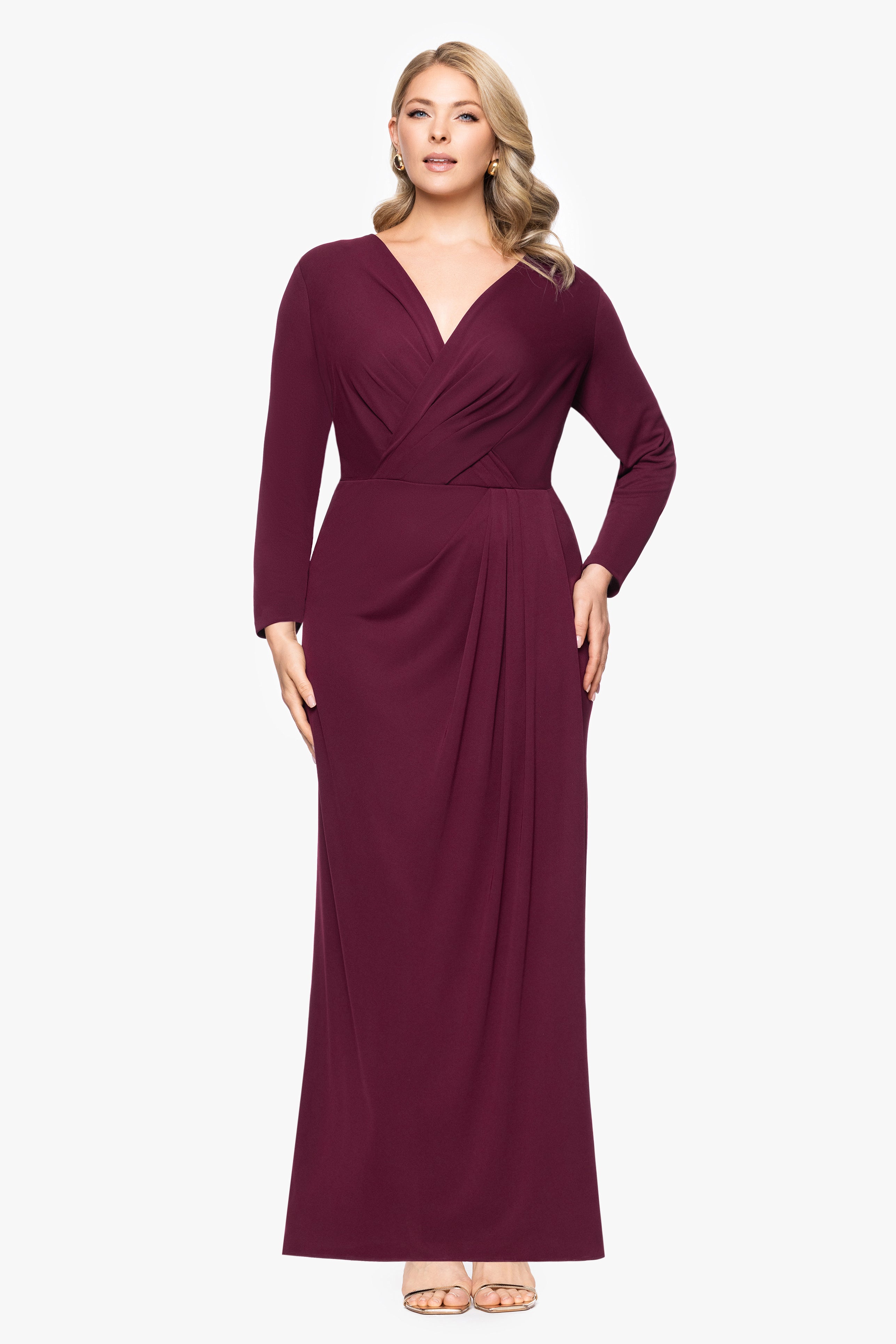 "Margerat" Jersey V-Neck Long Sleeve Floor Length Dress