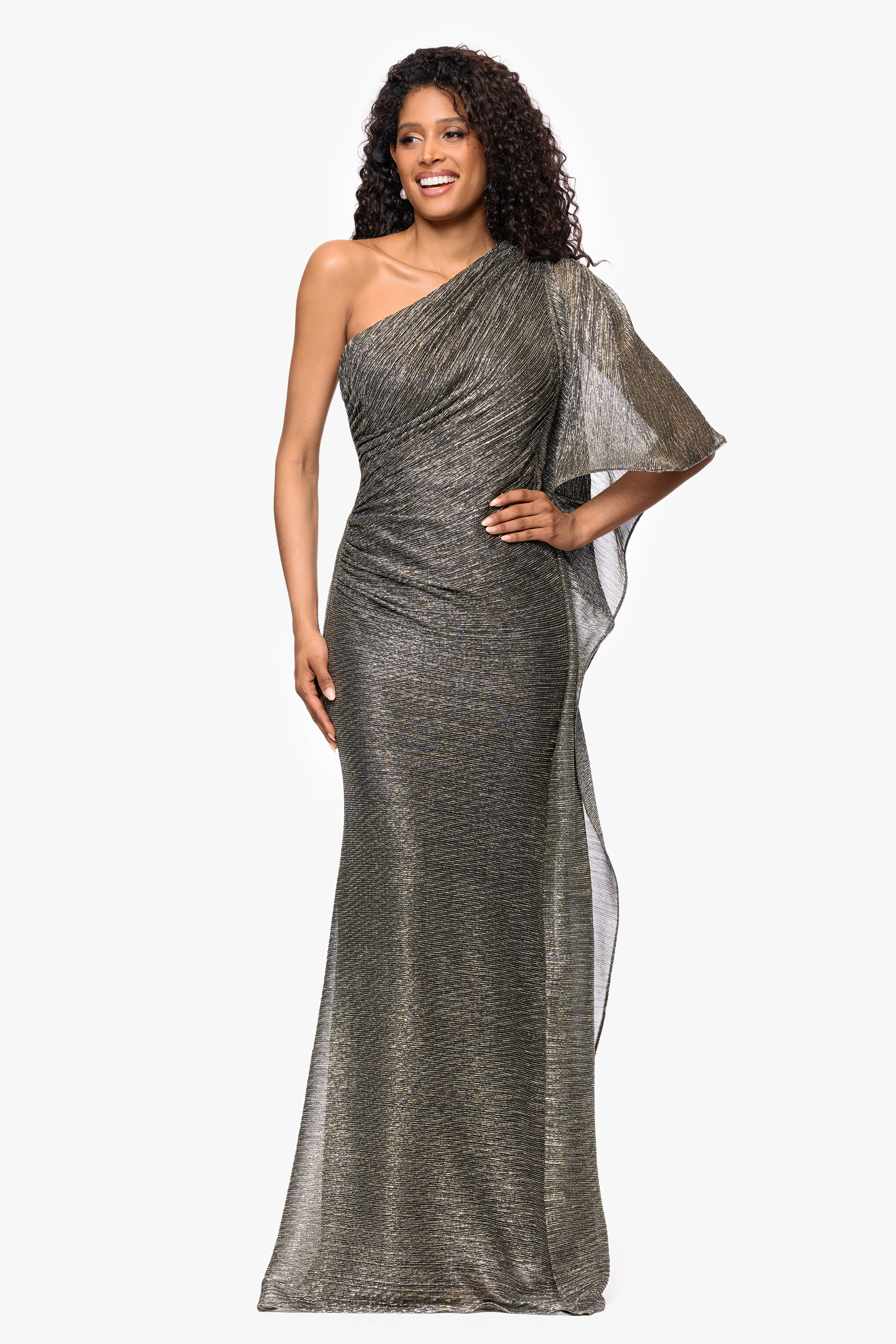 "Graclyn" Metallic Knit One Shoulder Flowy Sleeve Floor Length Dress
