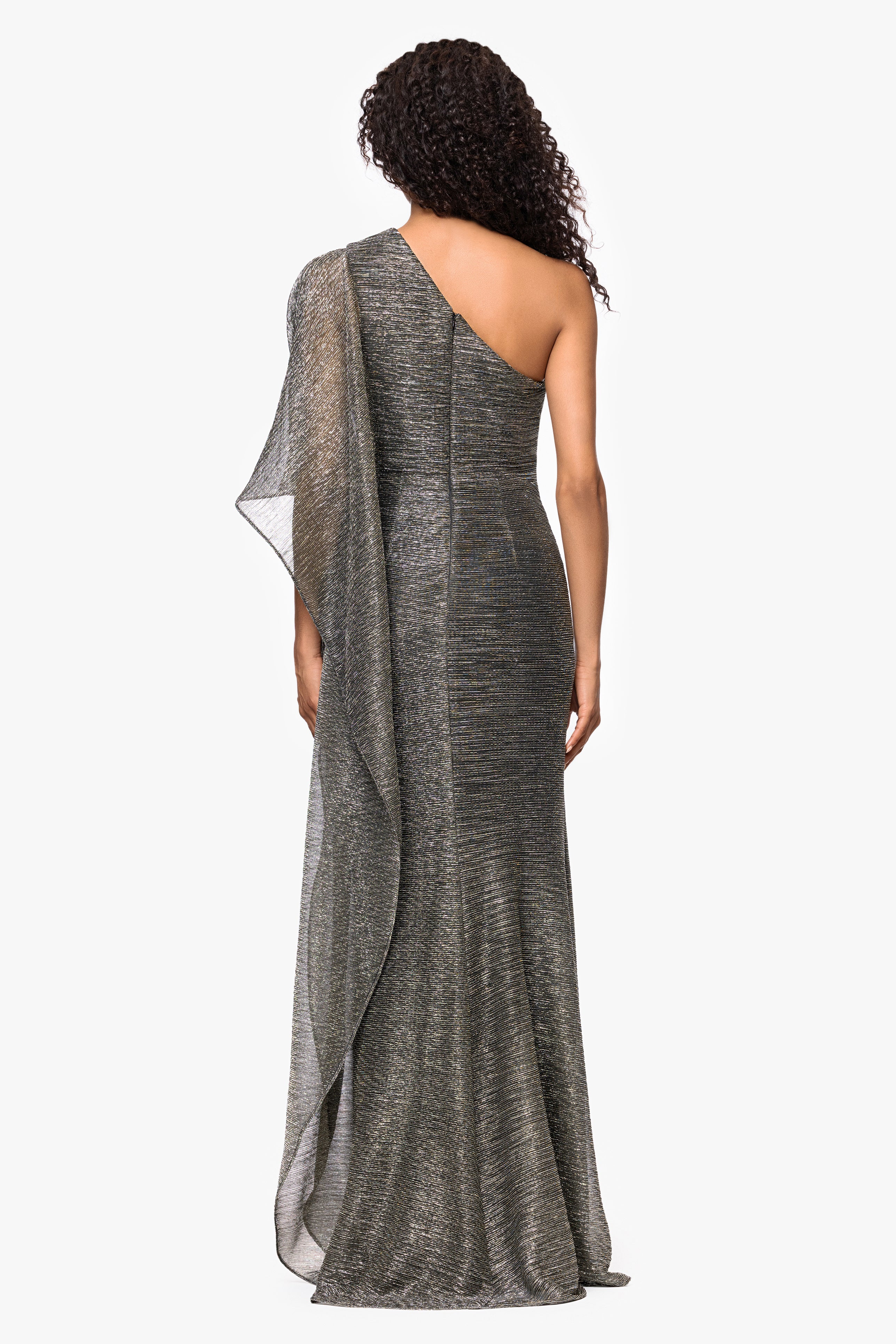 "Graclyn" Metallic Knit One Shoulder Flowy Sleeve Floor Length Dress