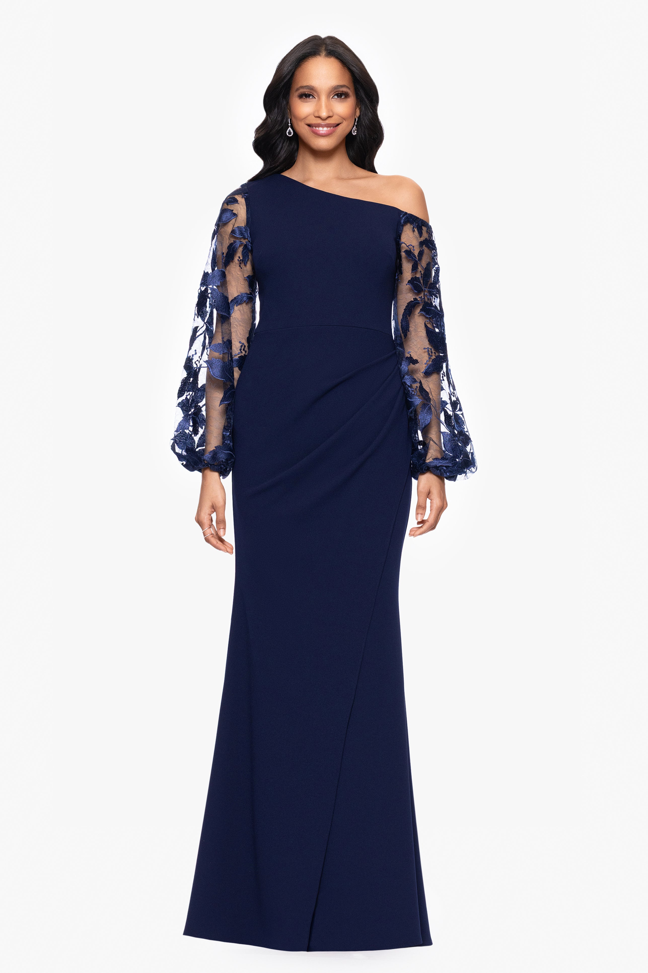 Petite "Reagan" Scuba Crepe Embroidered Long Sleeve Off Shoulder Floor Length Dress