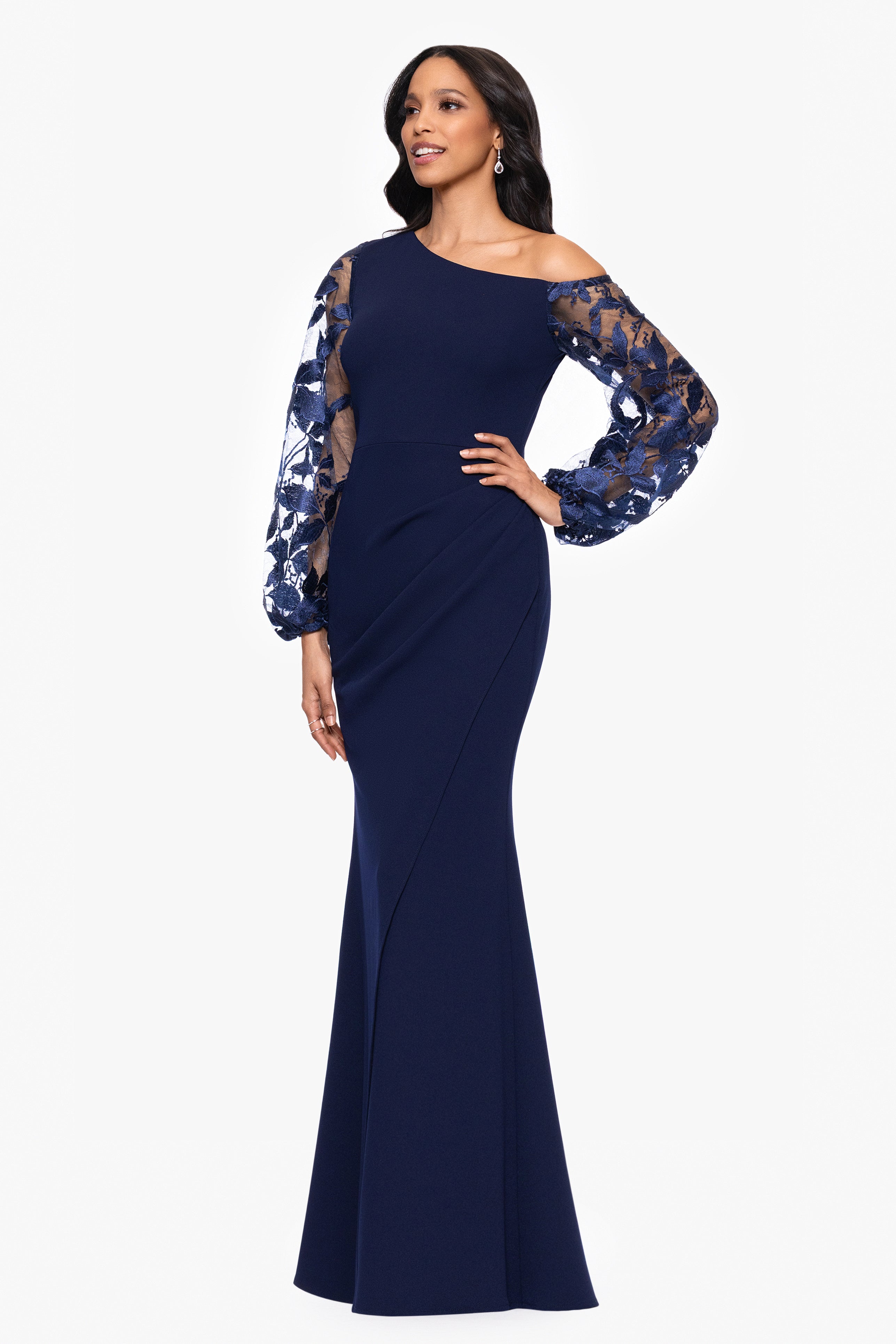 "Reagan" Scuba Crepe Embroidered Long Sleeve Off Shoulder Floor Length Dress