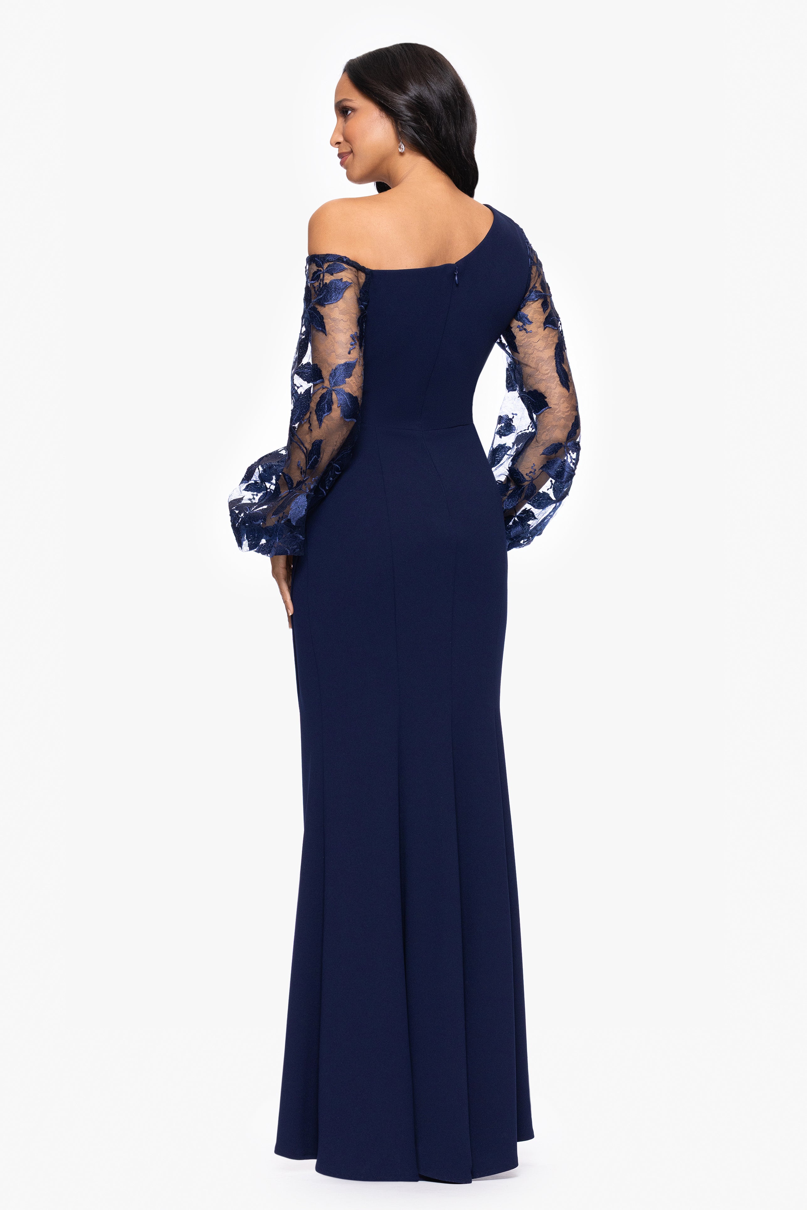 "Reagan" Scuba Crepe Embroidered Long Sleeve Off Shoulder Floor Length Dress