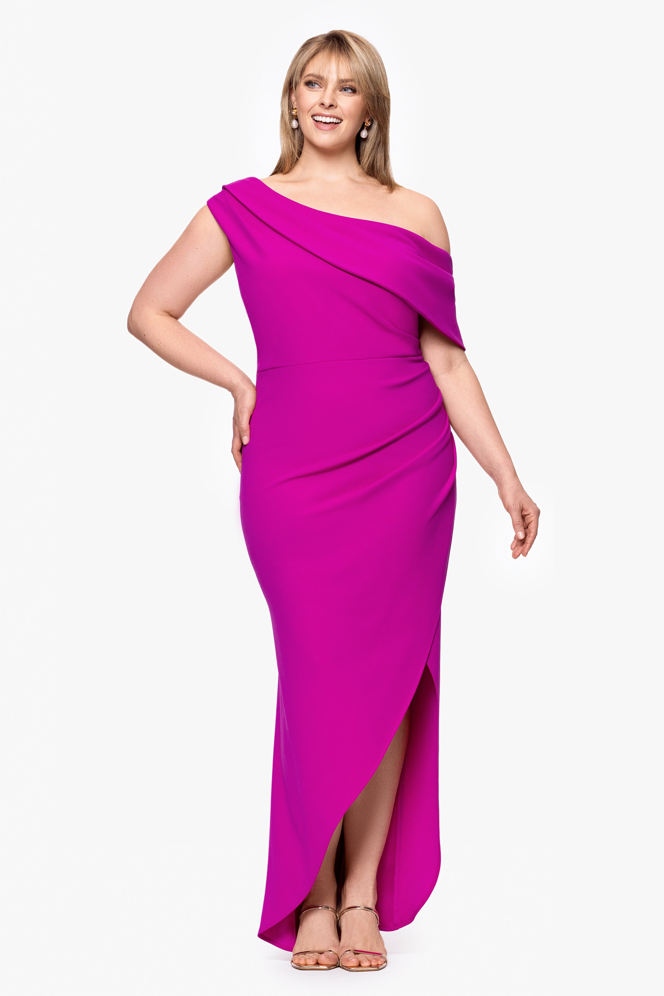 Plus "Avery" Scuba Crepe Drop Shoulder Floor Length Dress