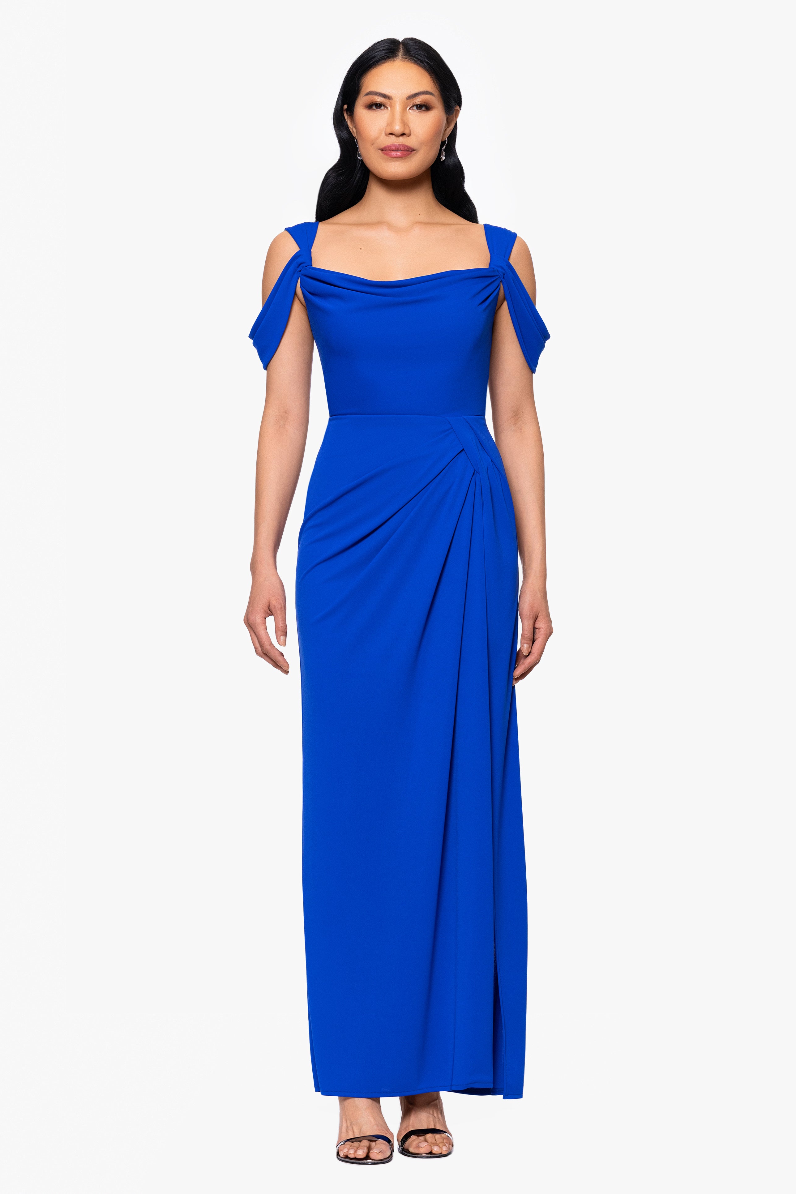 "Aderina" Matte Jersey Cold Shoulder Floor Length Dress