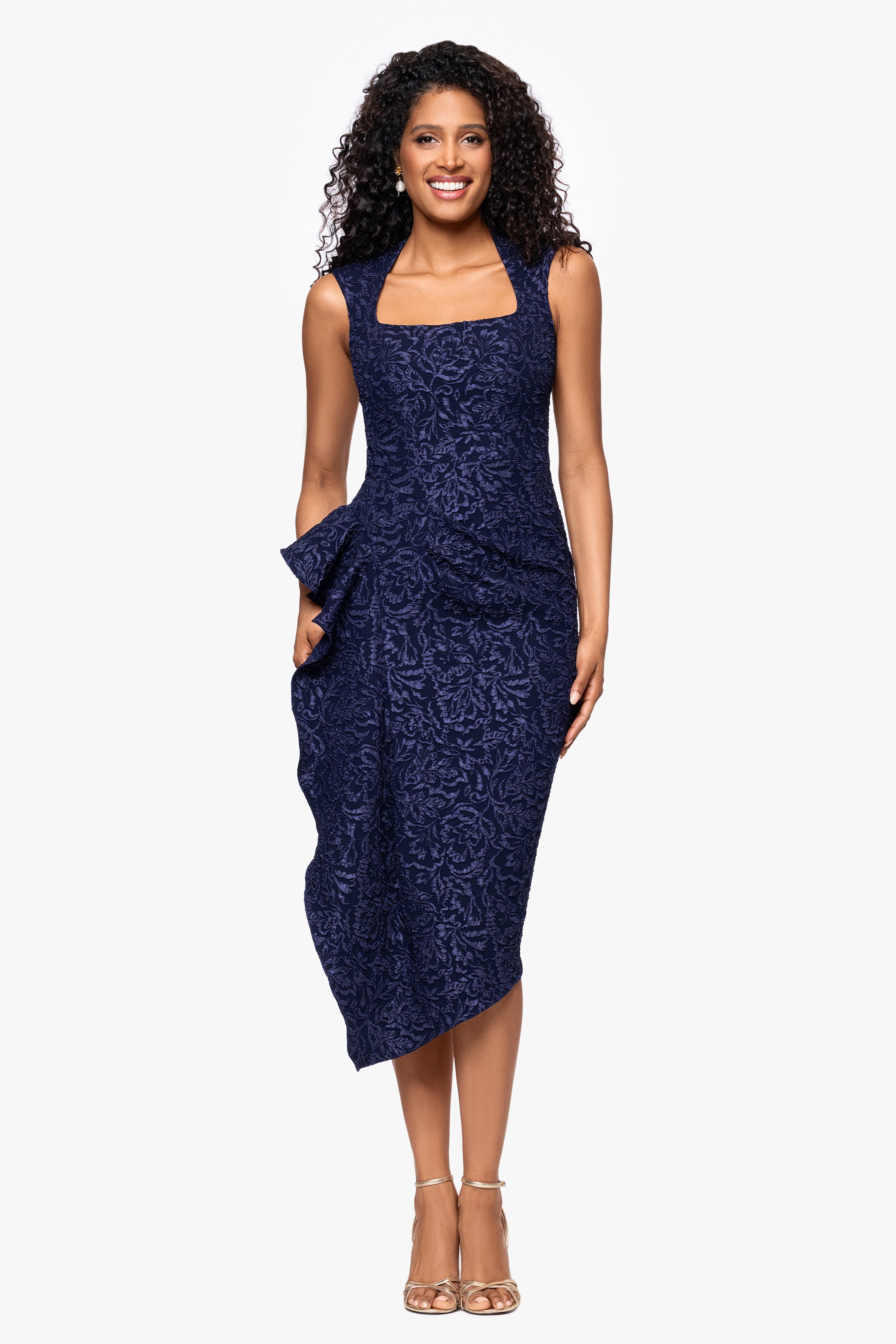 "Elise" Jacquard Knee Length Ruffle Square Neck Dress