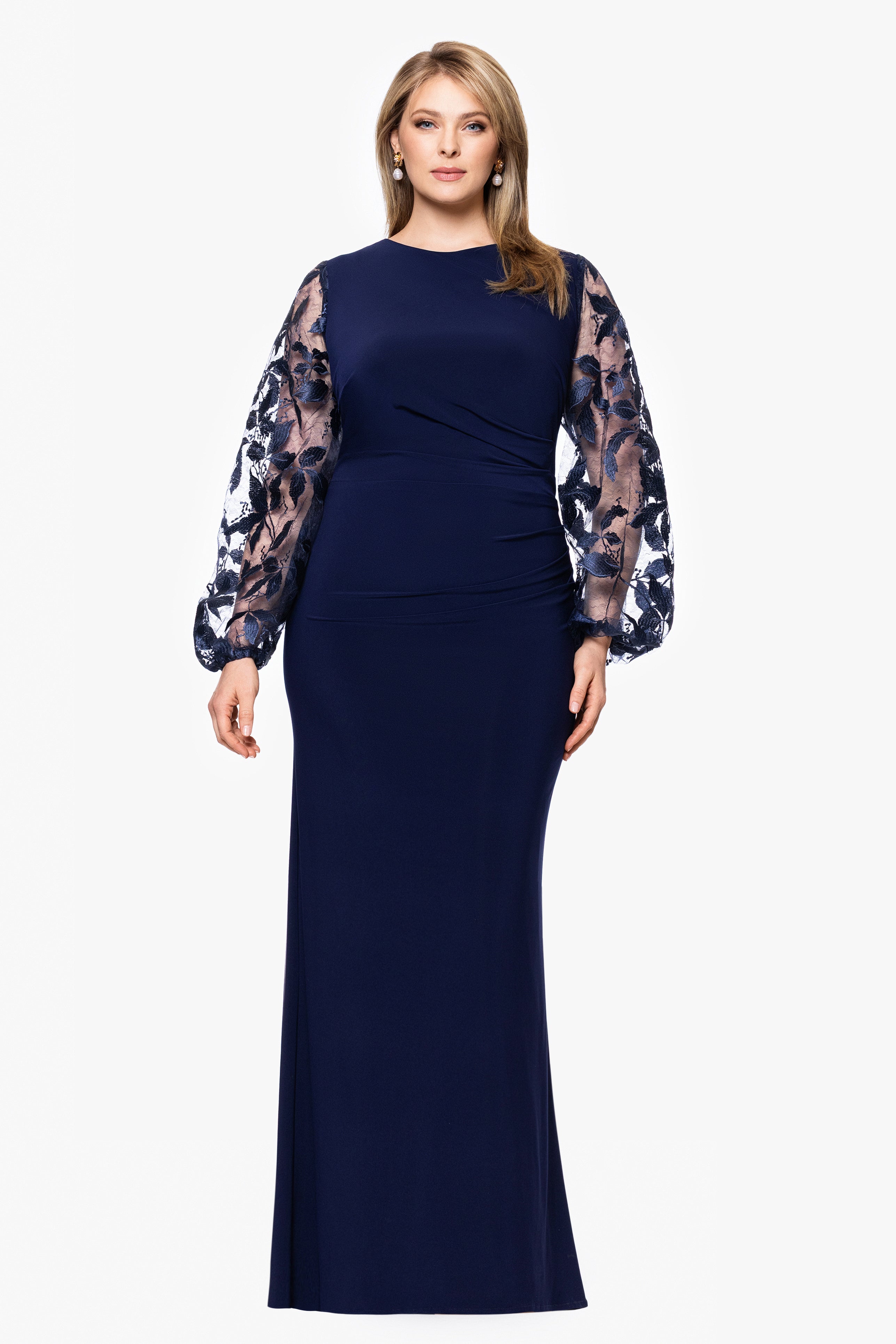 Plus "Roxanna" Jersey Knit Embellished Long Sleeve Floor Length Dress