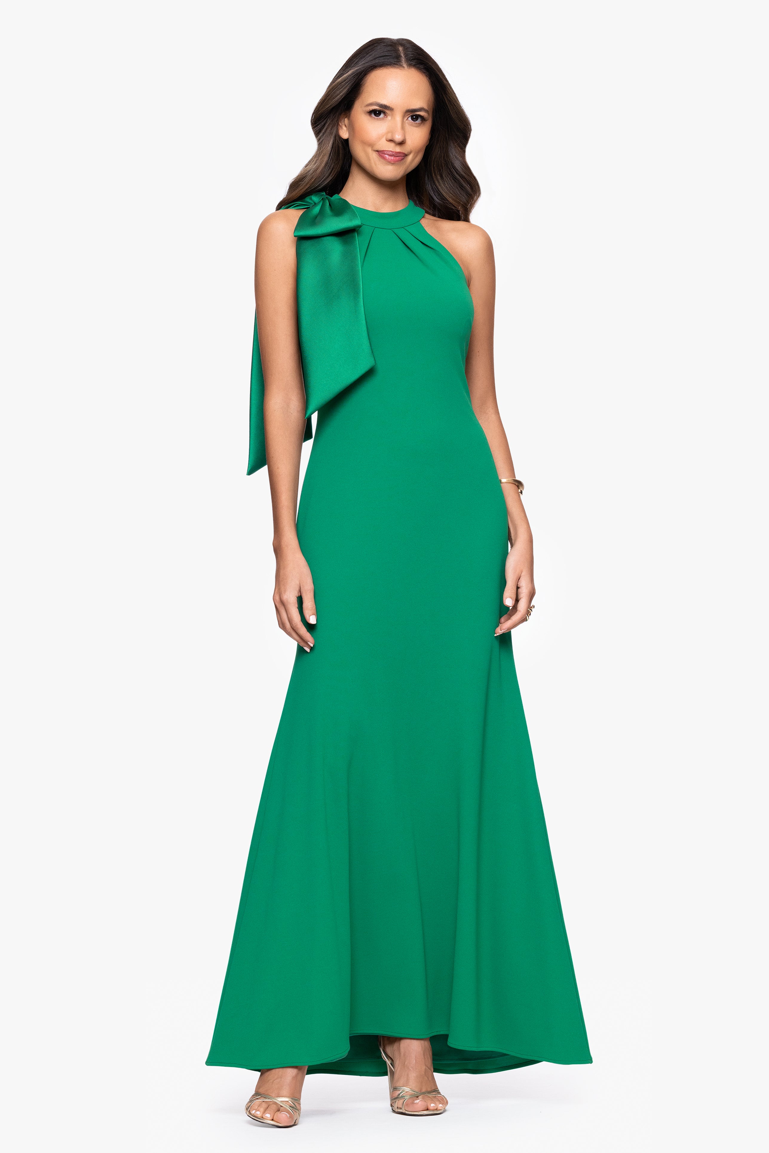 "Laney" Long Scuba Crepe Dress With Satin Bow