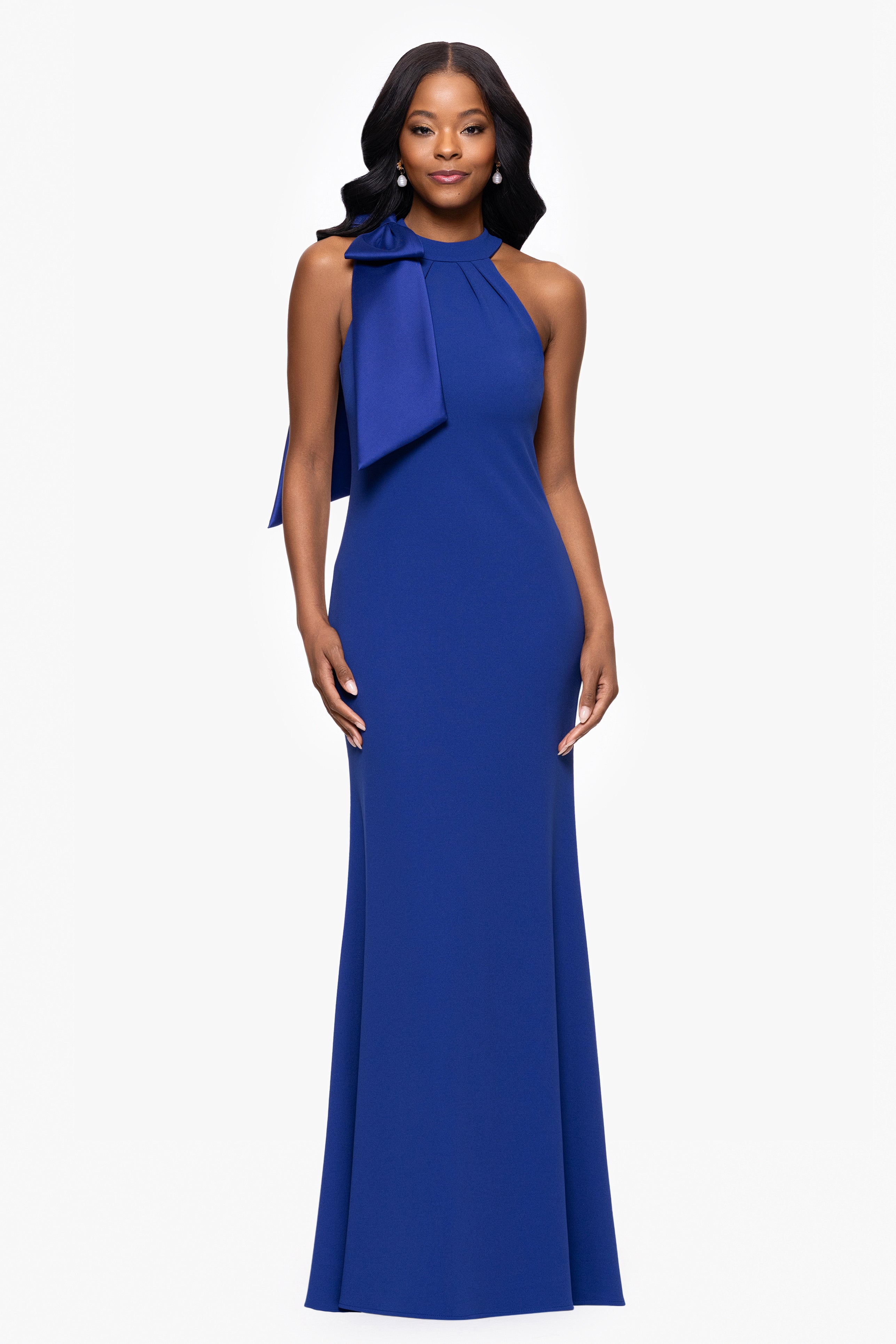 Petite "Laney" Long Scuba Crepe Dress With Satin Bow