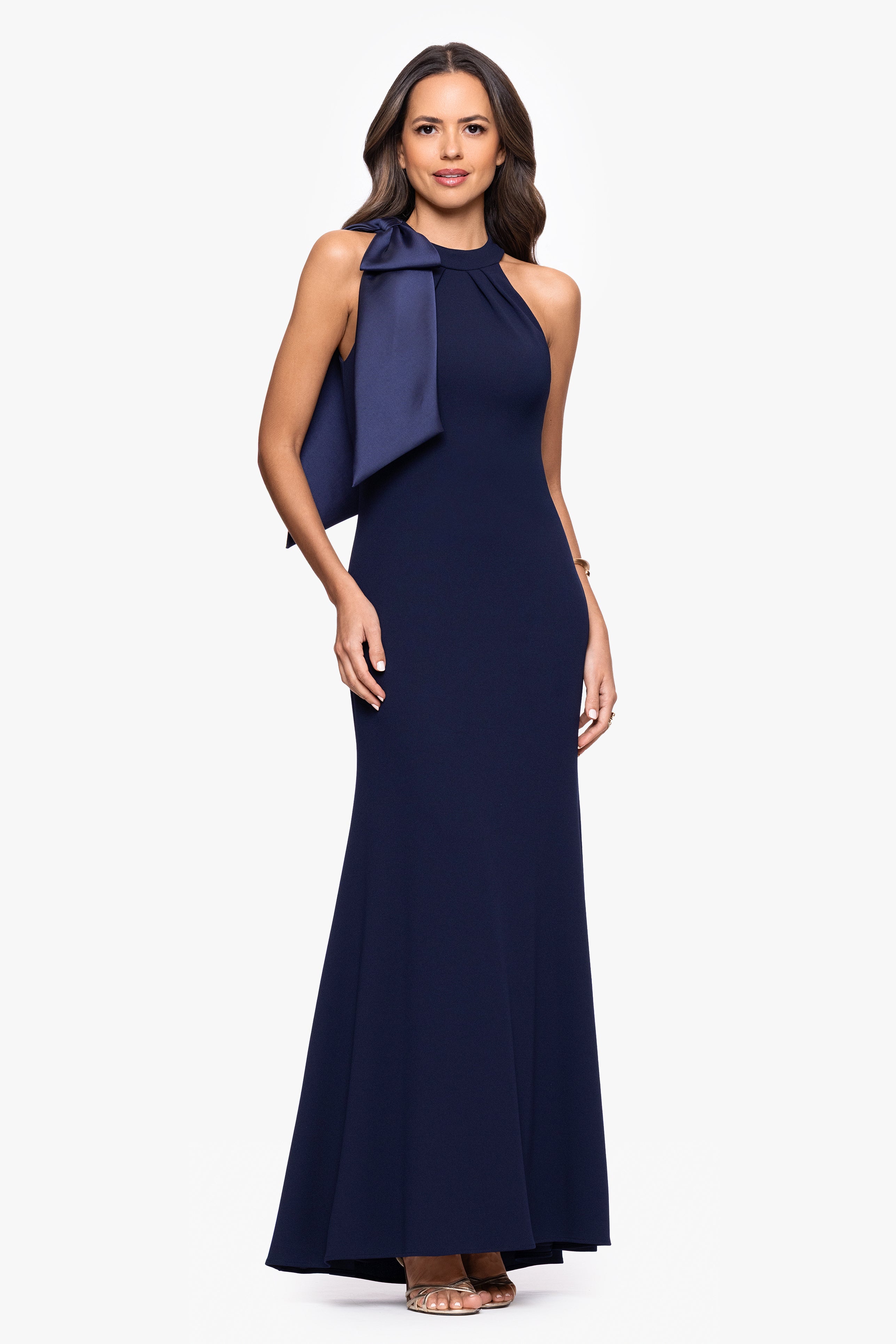 "Laney" Long Scuba Crepe Dress With Satin Bow