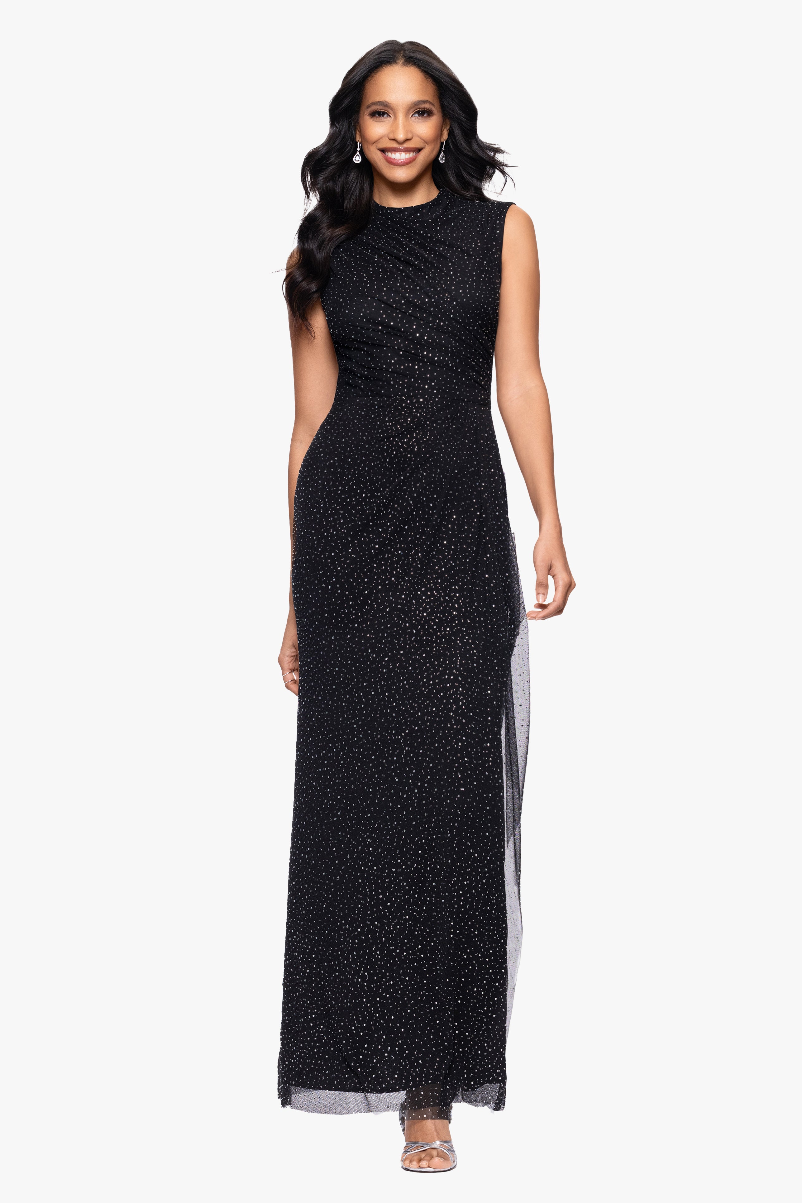 "Sasha" Long Mesh Stone Embellished Rouched Mock Neck Floor Length Dress
