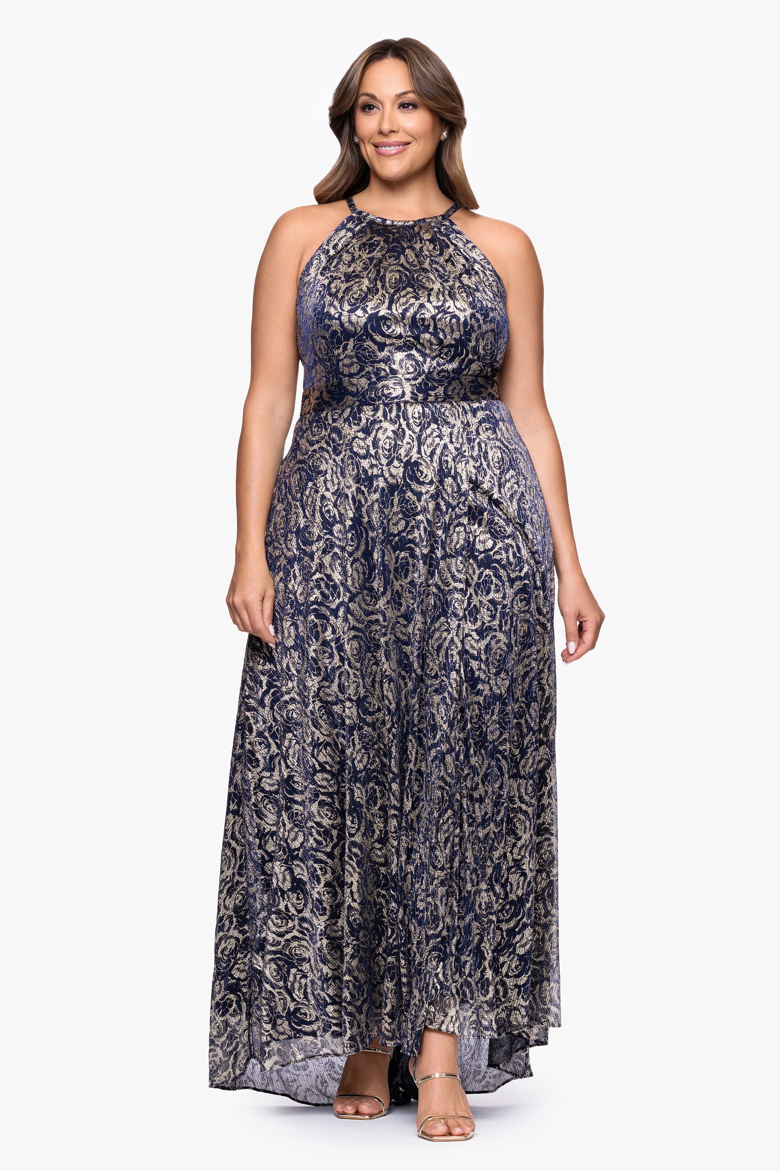 Plus "Shelley" Metallic Foil Halter Neck Floor Length Dress