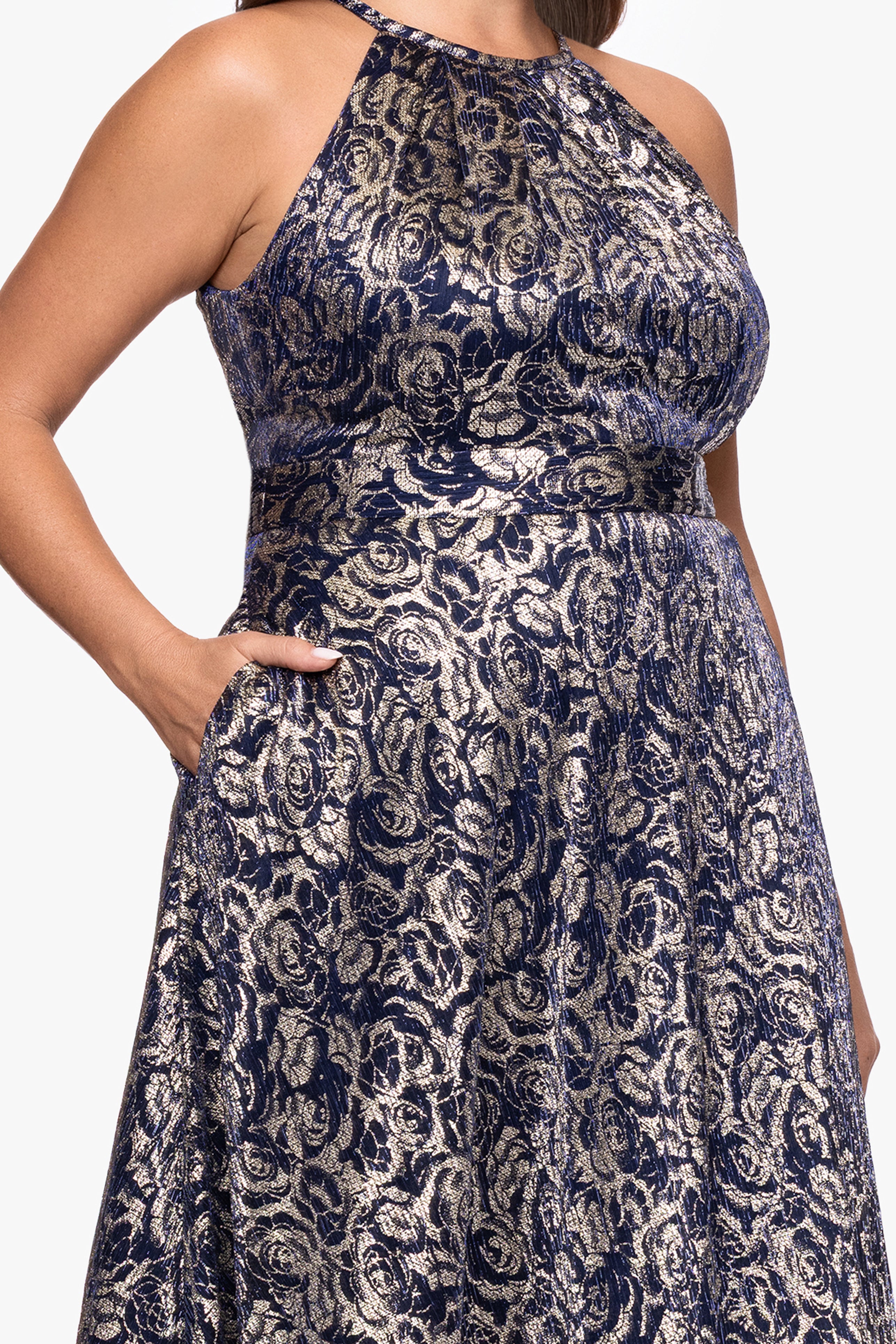 Plus "Shelley" Metallic Foil Halter Neck Floor Length Dress