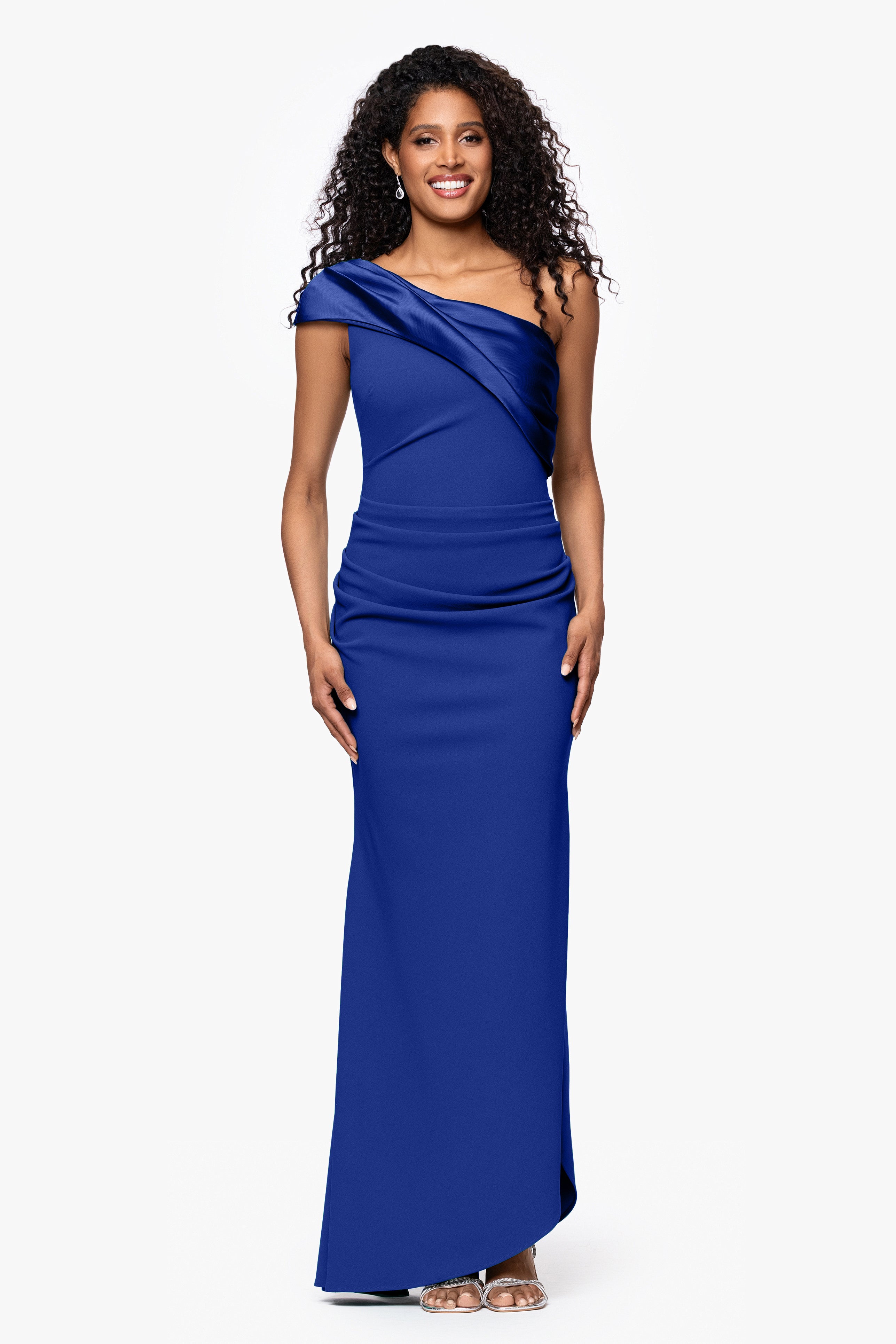 "Belinda" Scuba Crepe Drop Shoulder Satin Banded Neckline Floor Length Dress