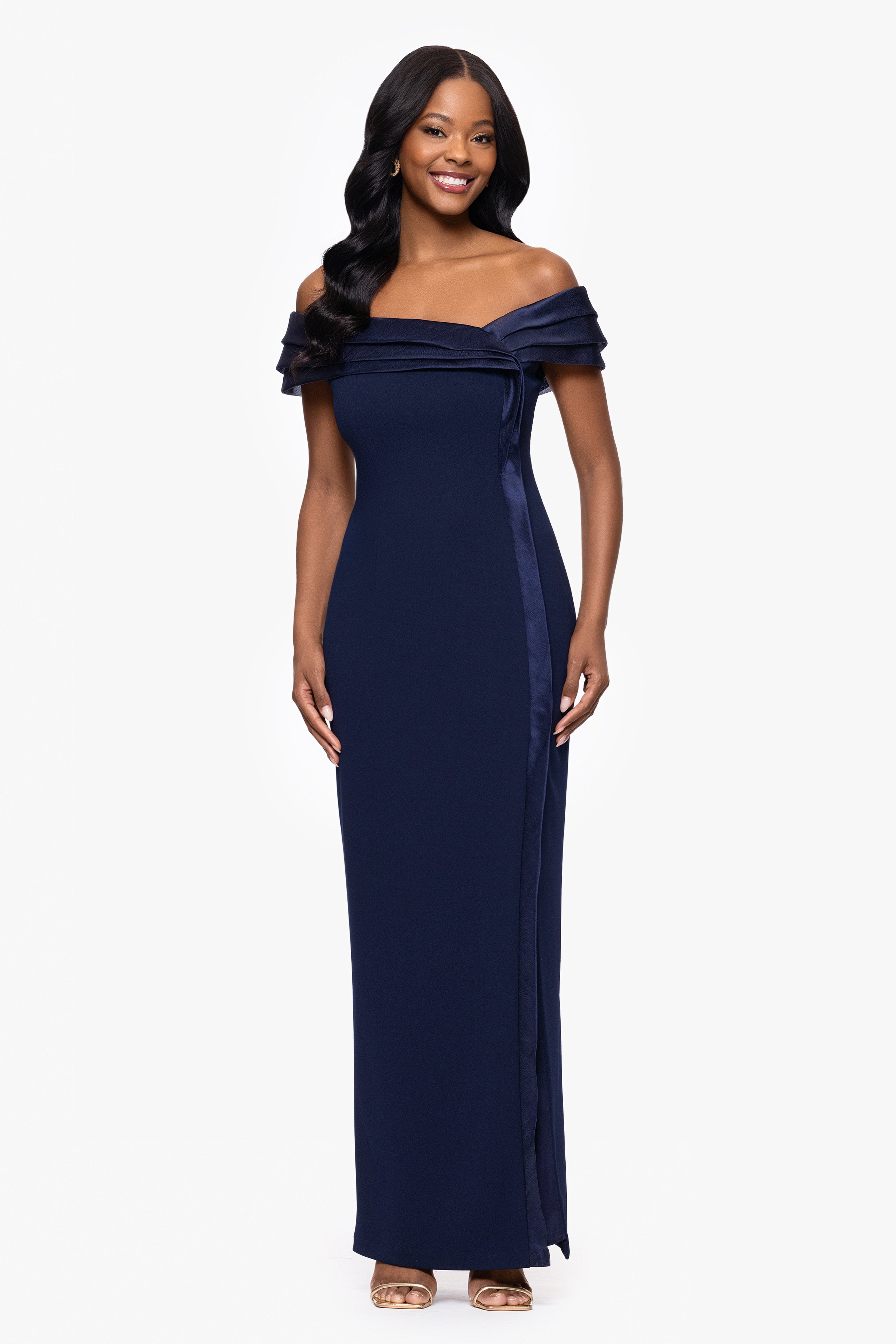 "Hazel" Scuba Crepe and Organza Off the Shoulder Dress