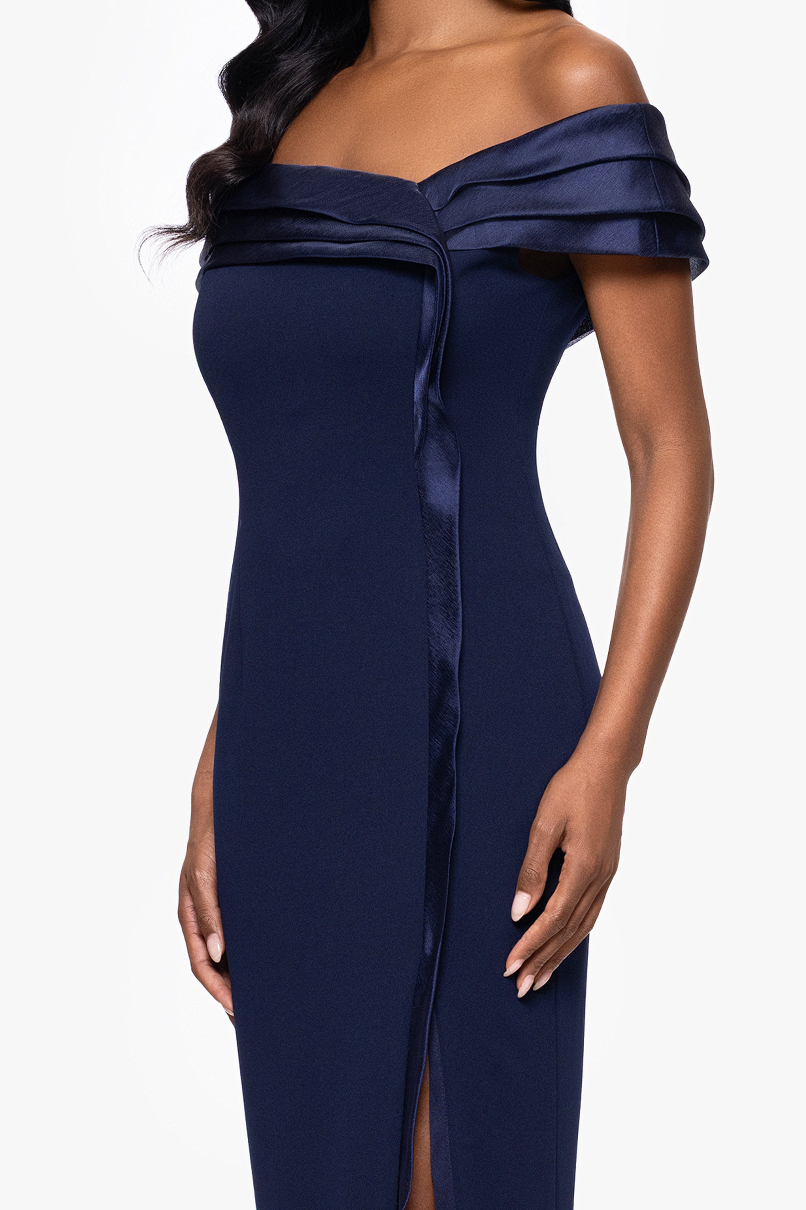 "Hazel" Scuba Crepe and Organza Off the Shoulder Dress