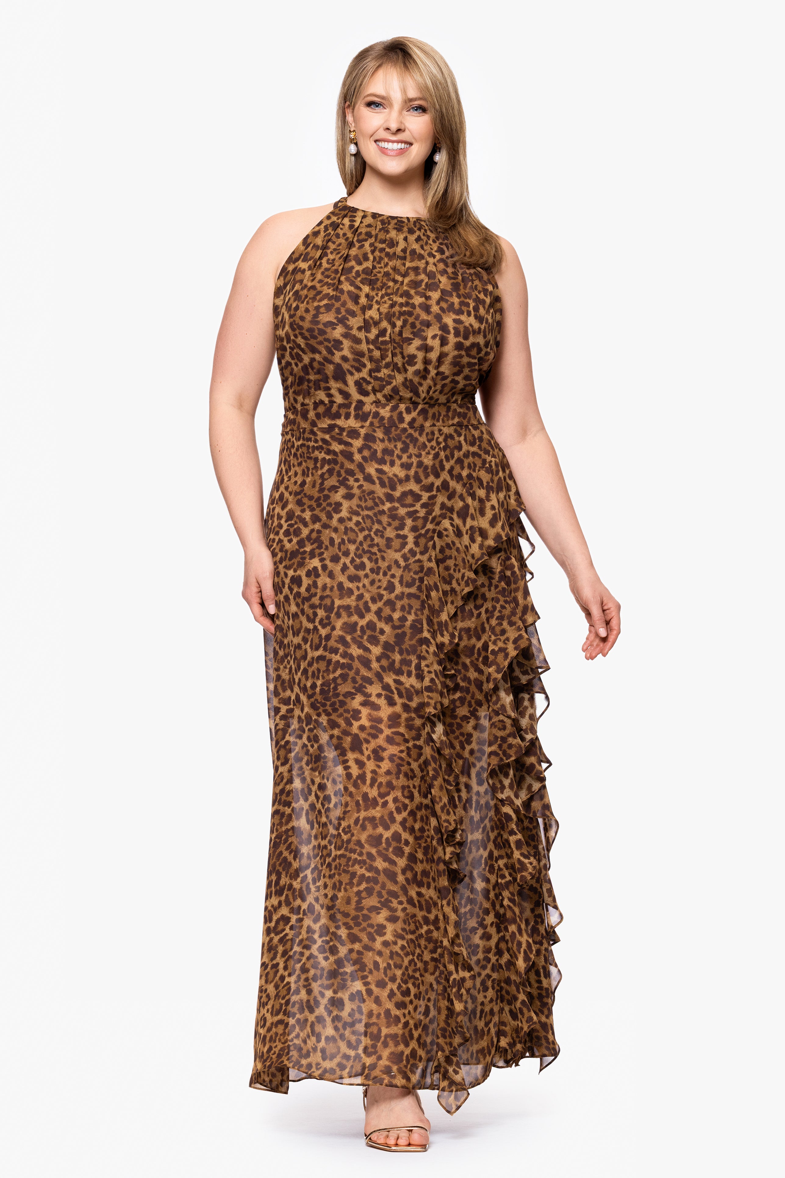 Plus "Andie" Print Chiffon Halter Neck Ruffle Floor Length Dress