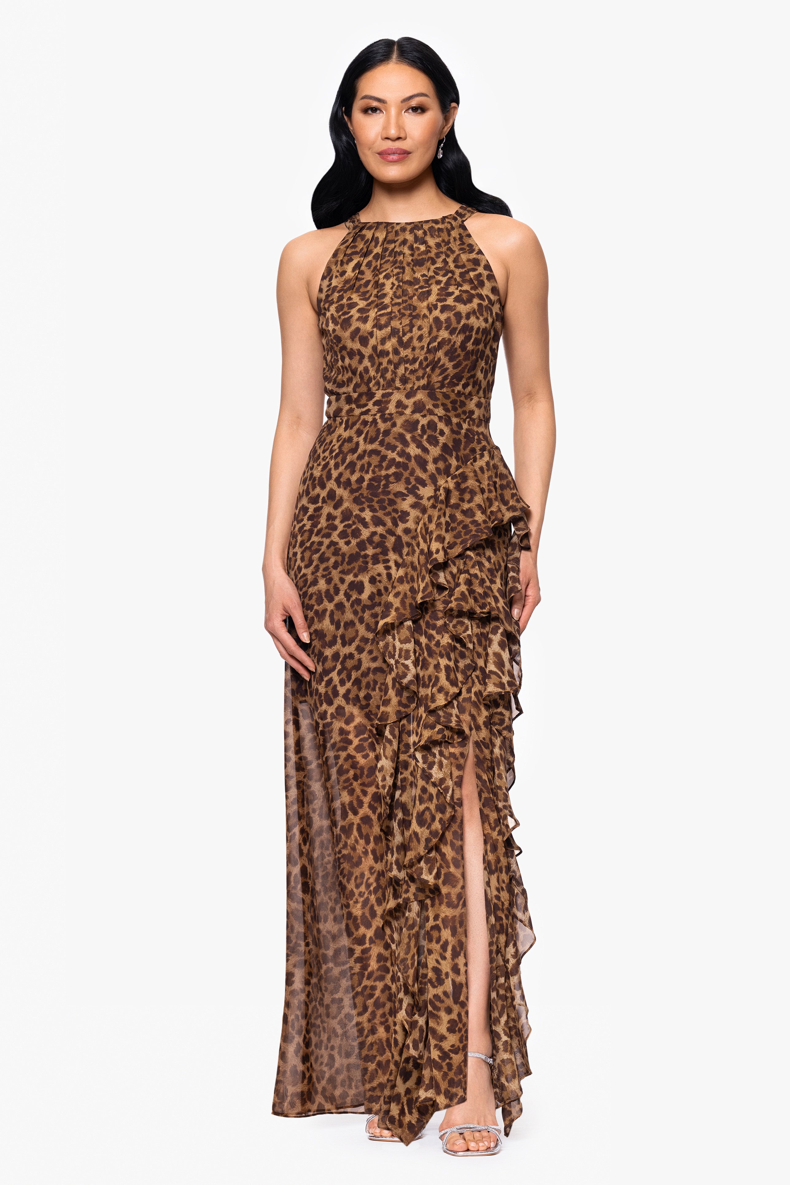 "Andie" Print Chiffon Halter Neck Ruffle Floor Length Dress