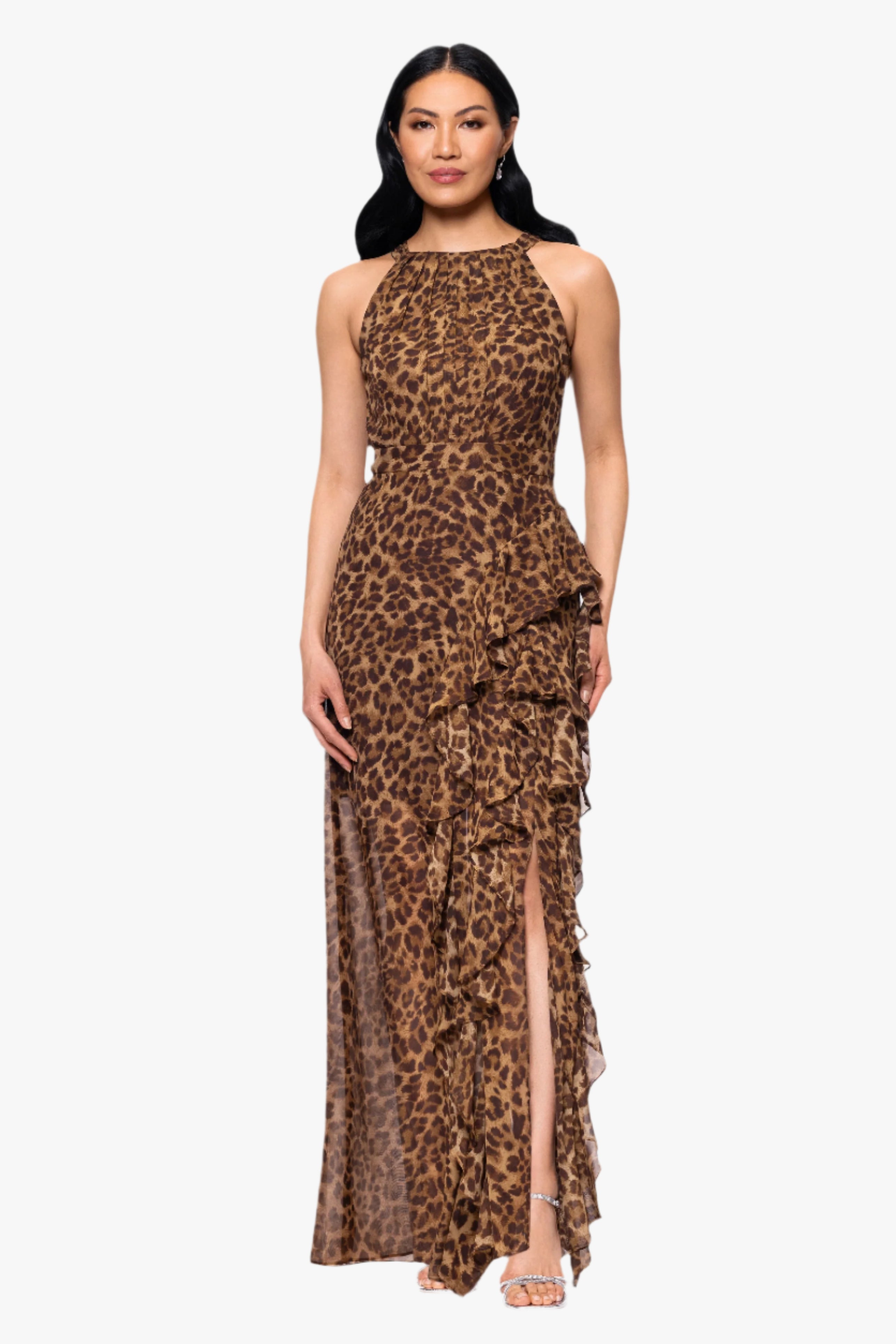 Petite "Andie" Print Chiffon Halter Neck Ruffle Floor Length Dress