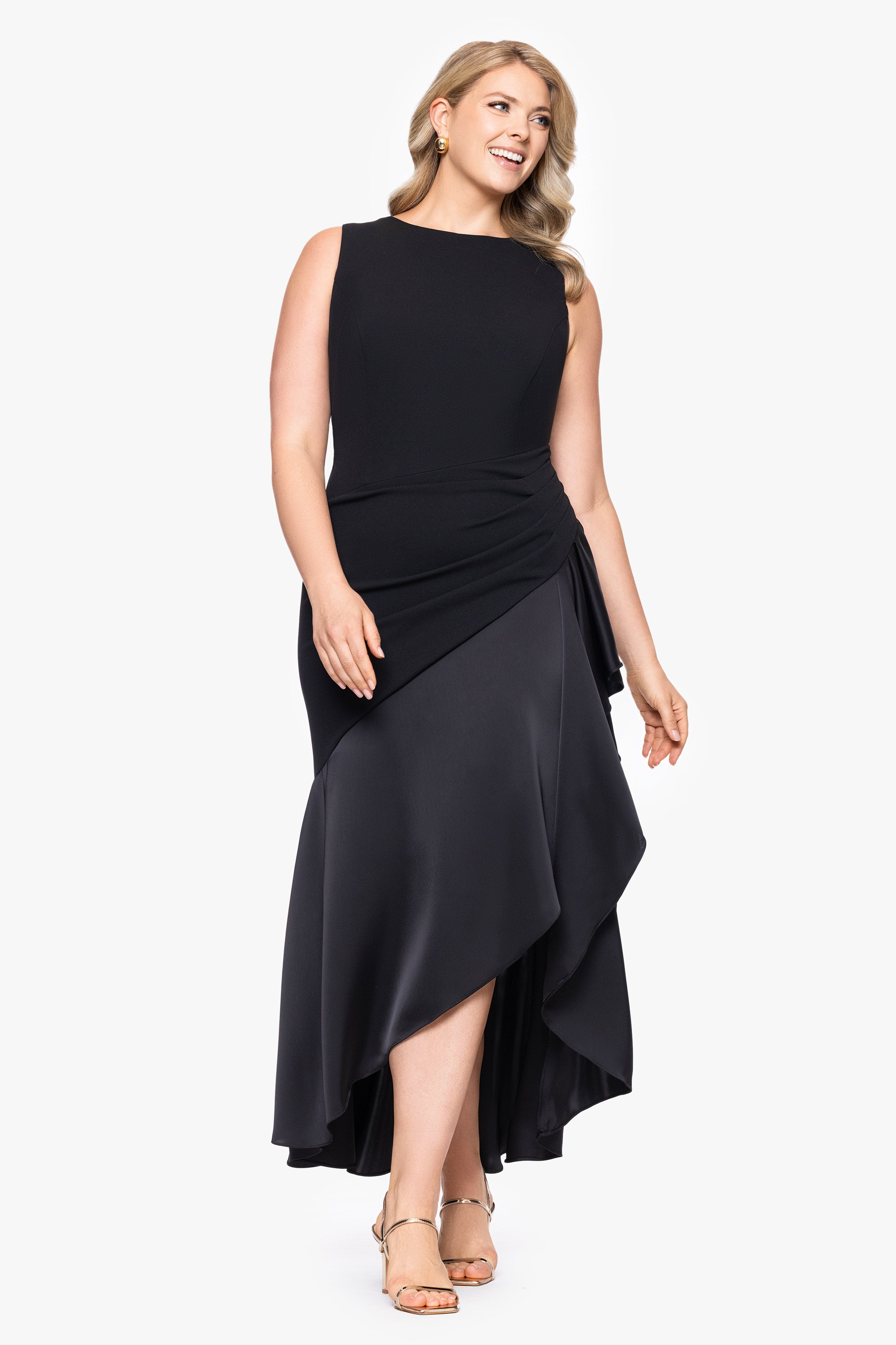 Plus "Nichola" Scuba Crepe and Satin Sleeveless Floor Length Dress