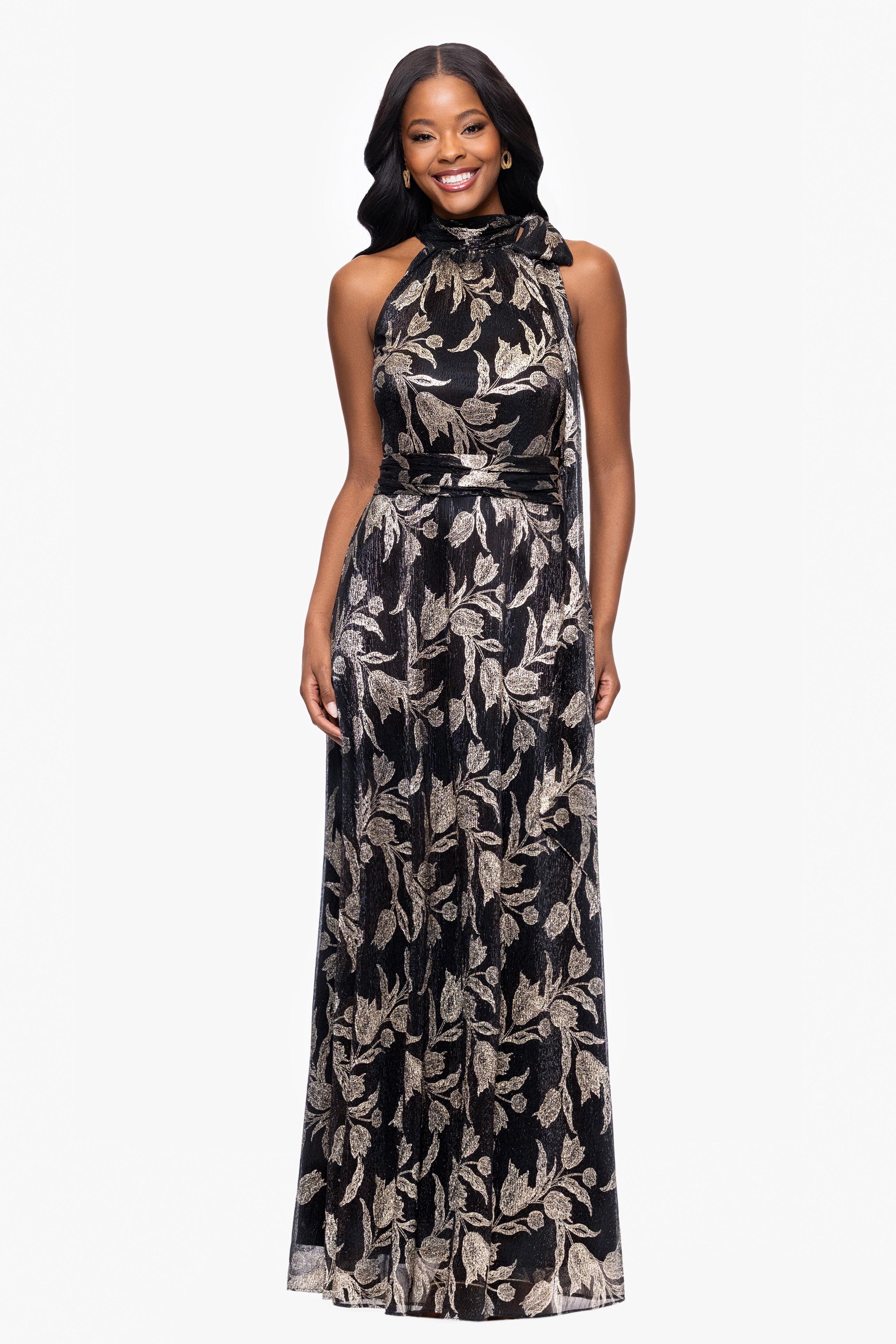 Petite "Hillary" Metallic Halter Bow Neck Floor Length Dress