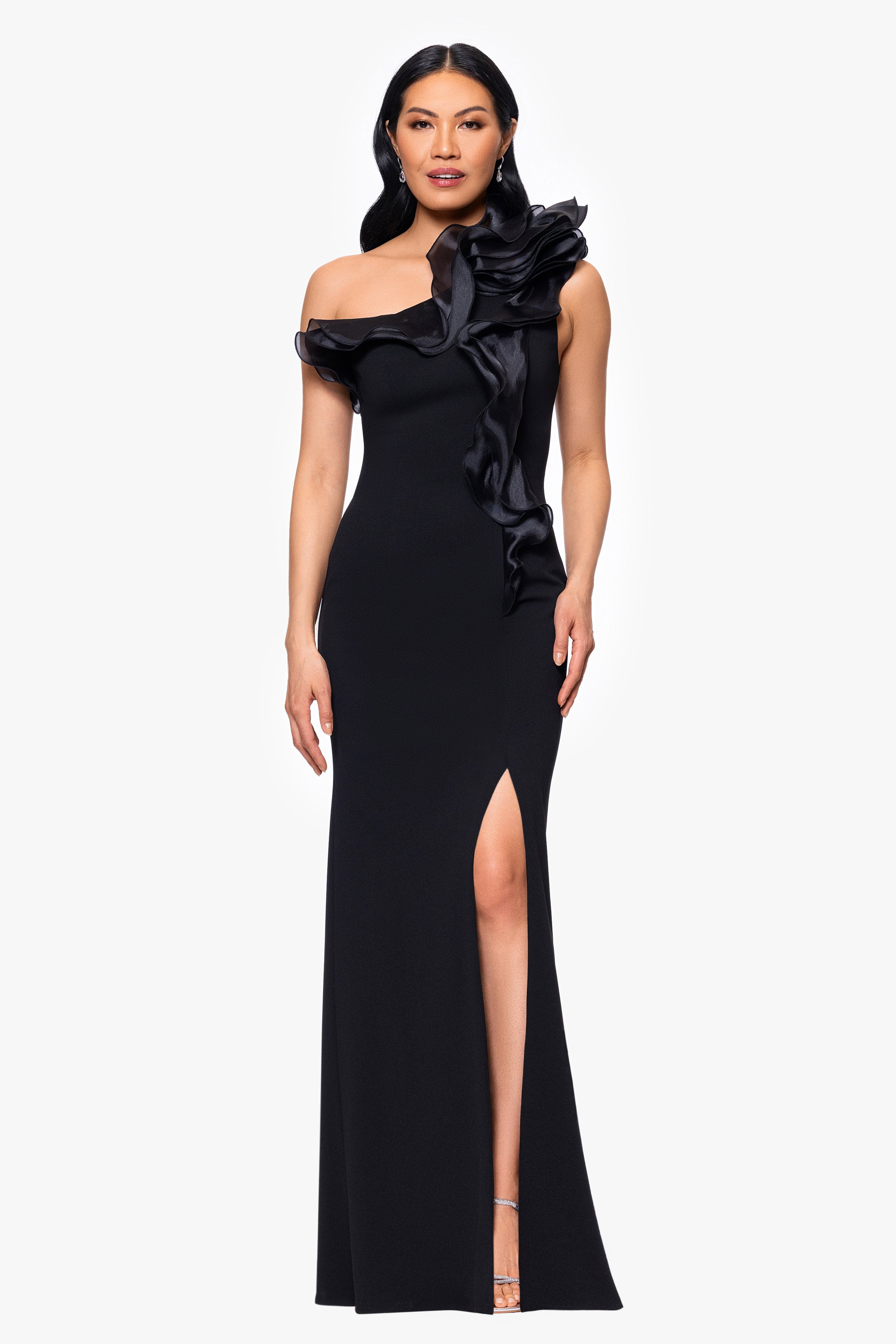 "Drea" Scuba Crepe Drop Shoulder Organdy Ruffle Floor Length Dress