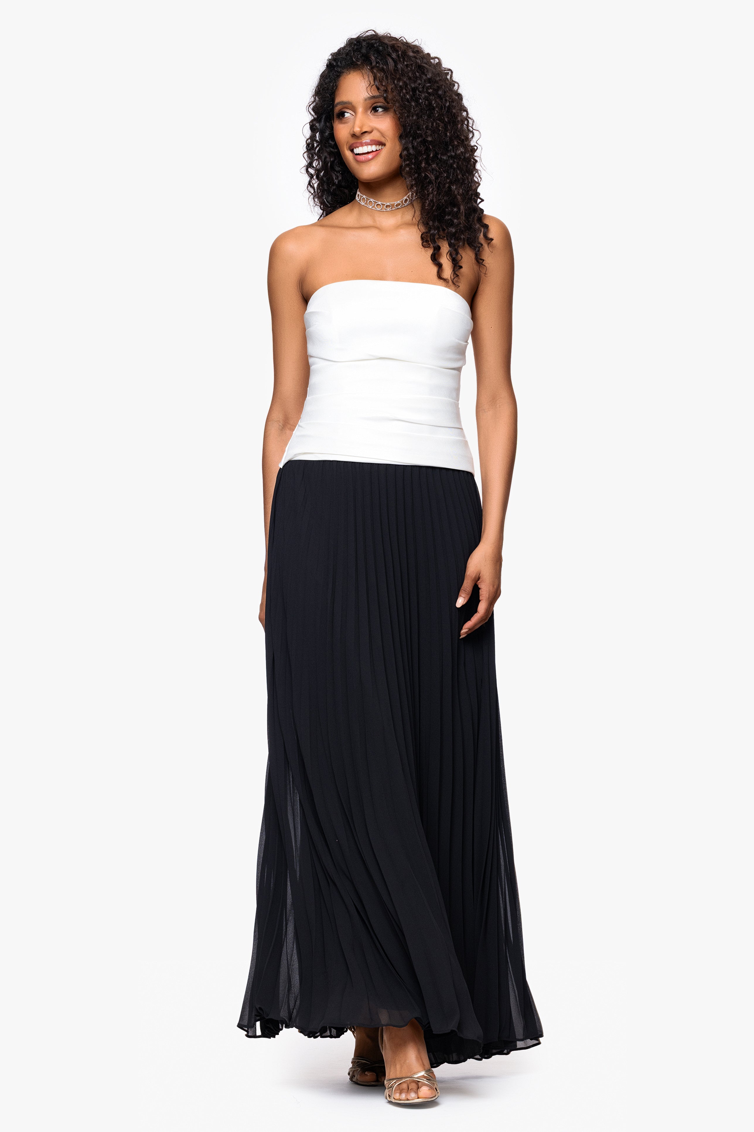 Petite "Sierra" Satin Bodice and Chiffon Skirt Strapless Floor Length Dress