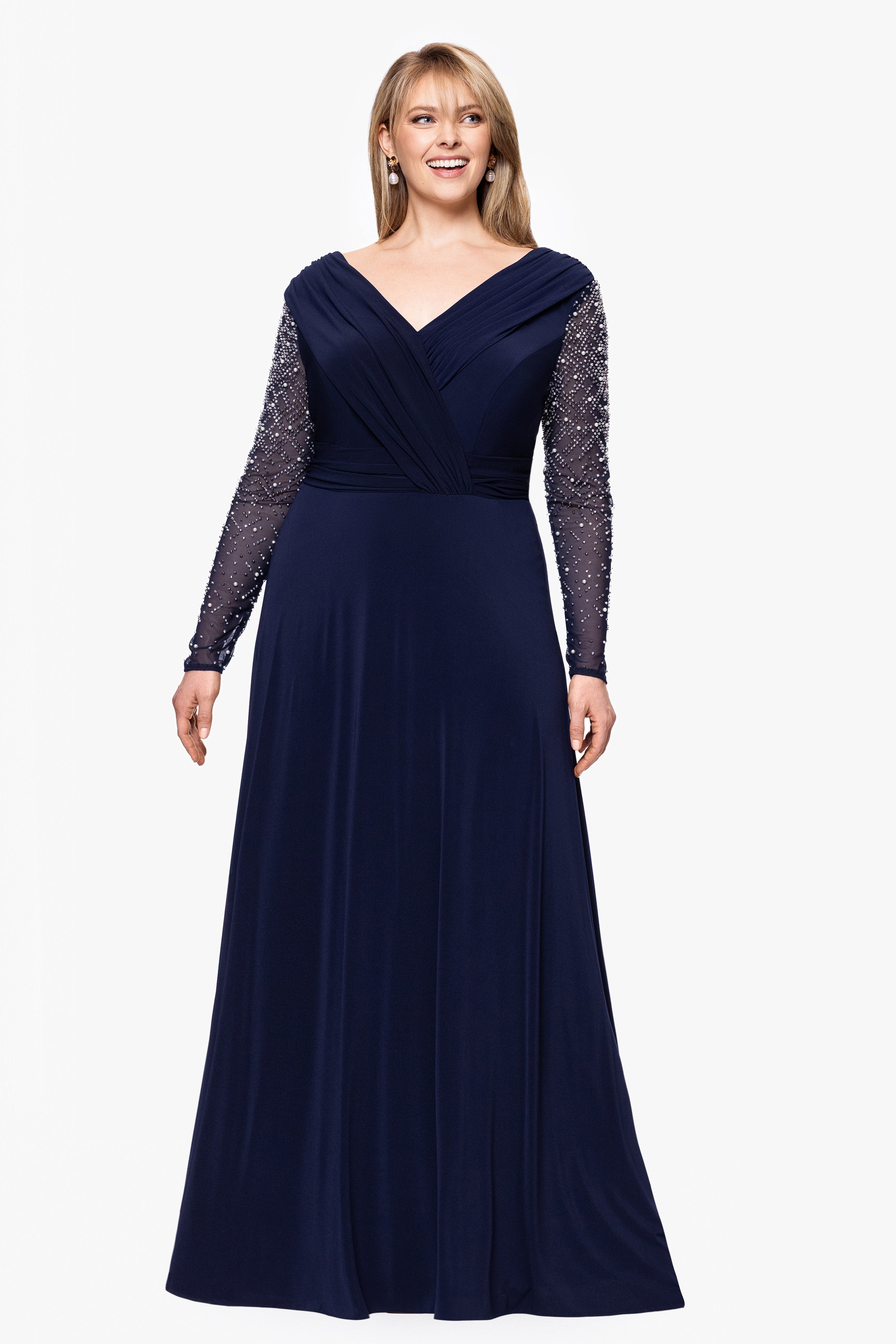 Plus "Sharleen" Jersey Knit Beaded Long Sleeve Floor Length Dress