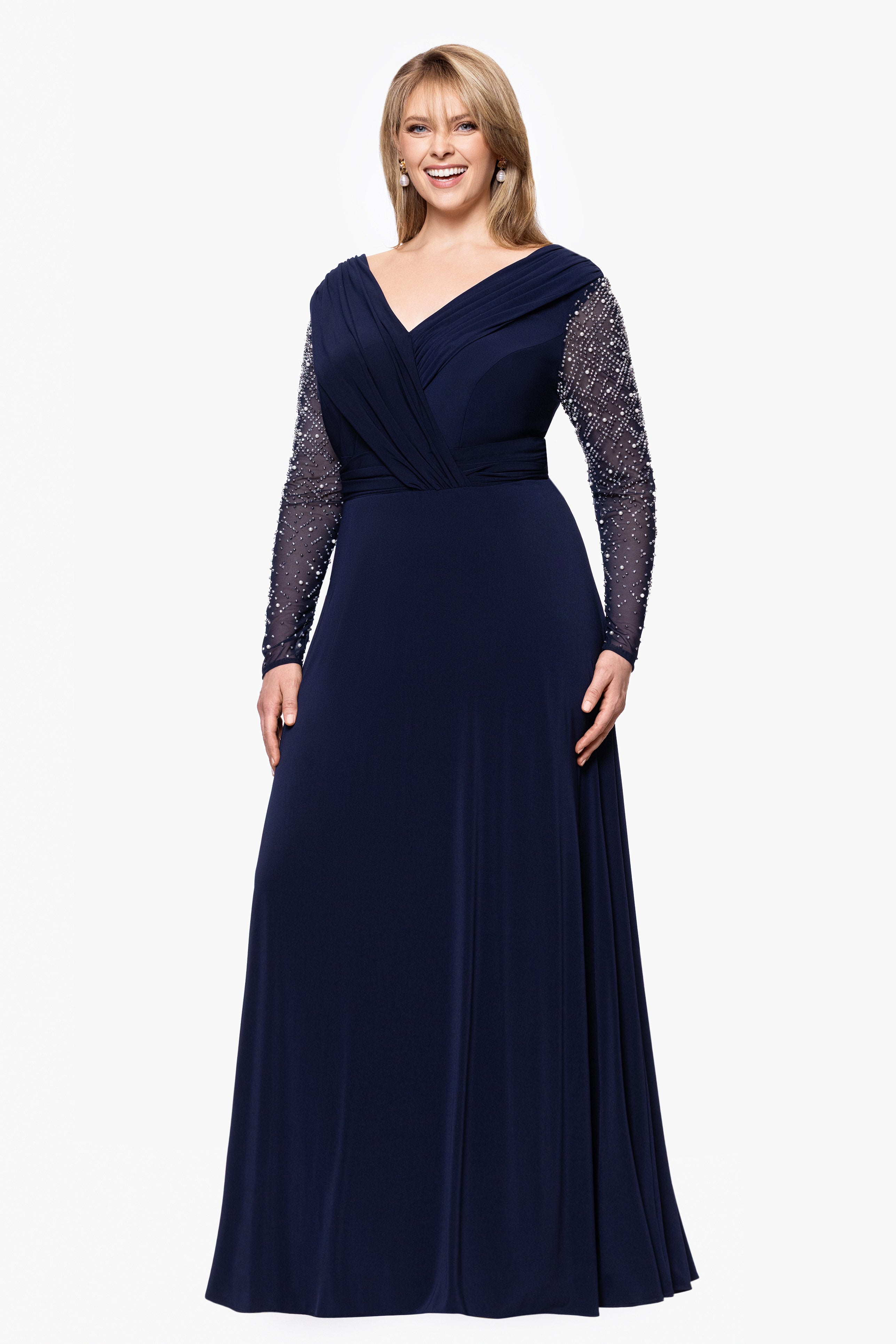 Plus "Sharleen" Jersey Knit Beaded Long Sleeve Floor Length Dress