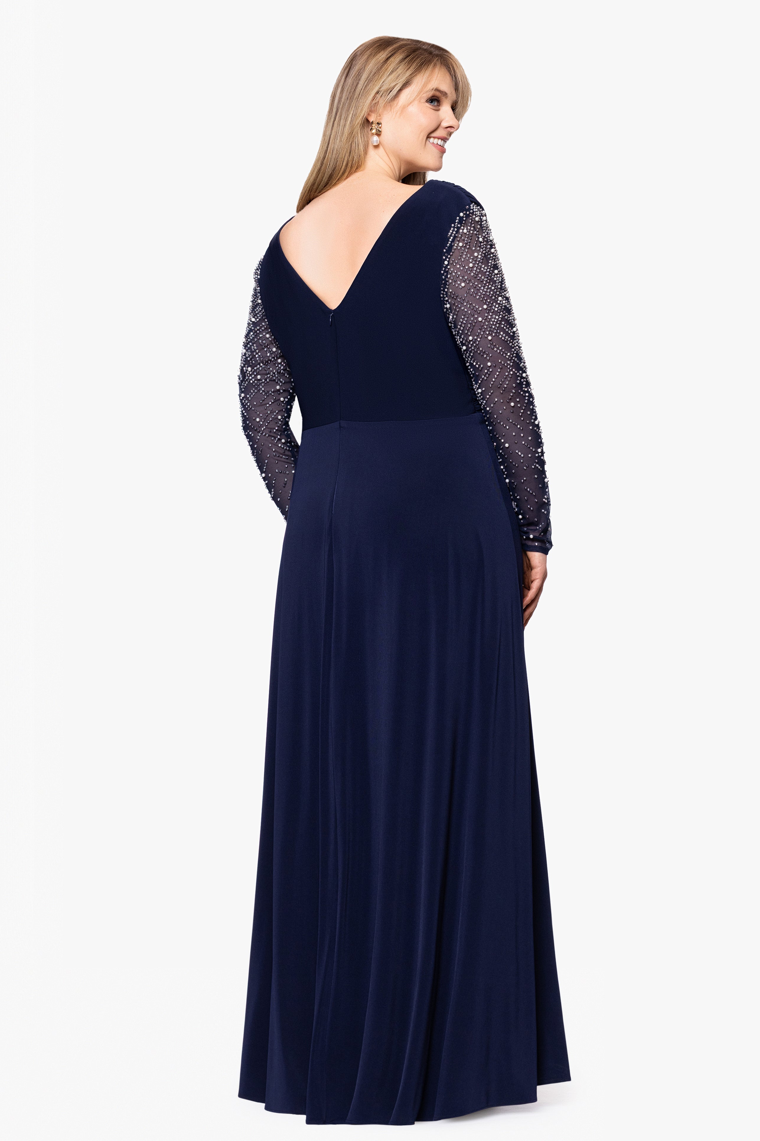 Plus "Sharleen" Jersey Knit Beaded Long Sleeve Floor Length Dress