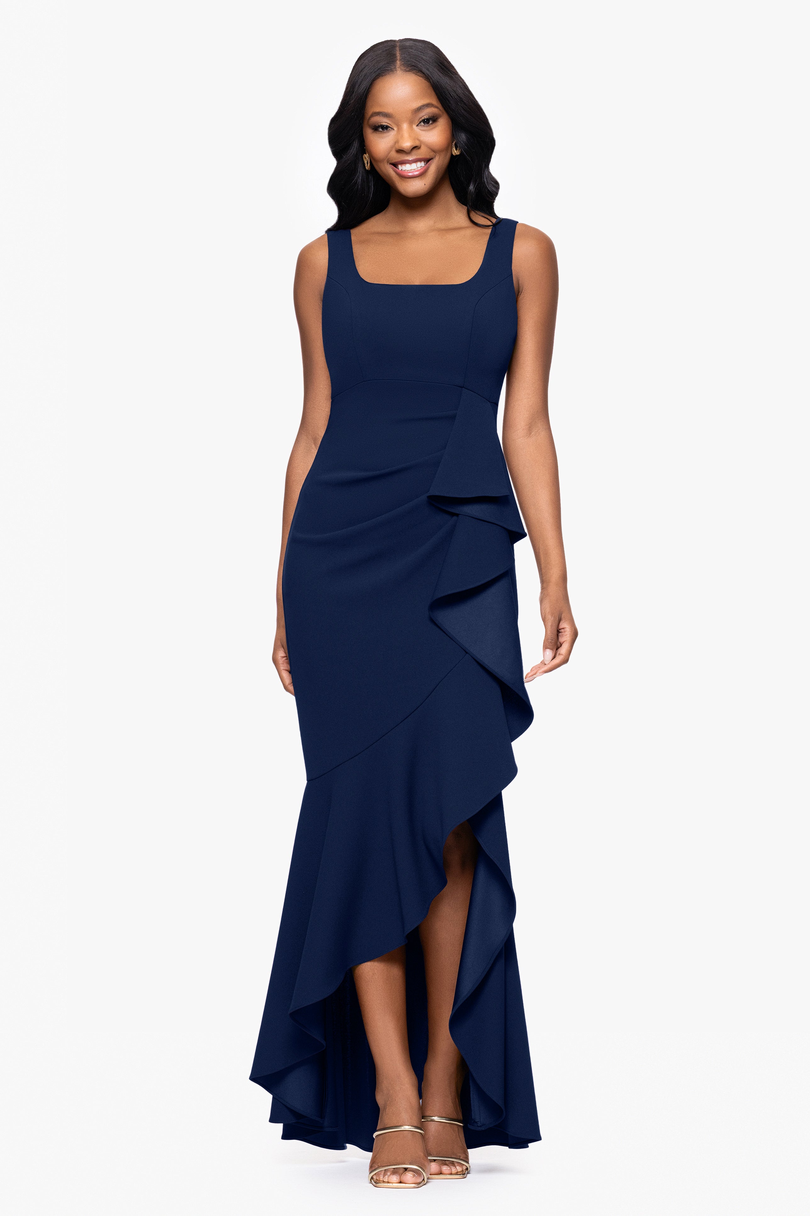 "Lilly" Scuba Crepe Square Neck Ruffle Floor Length Dress