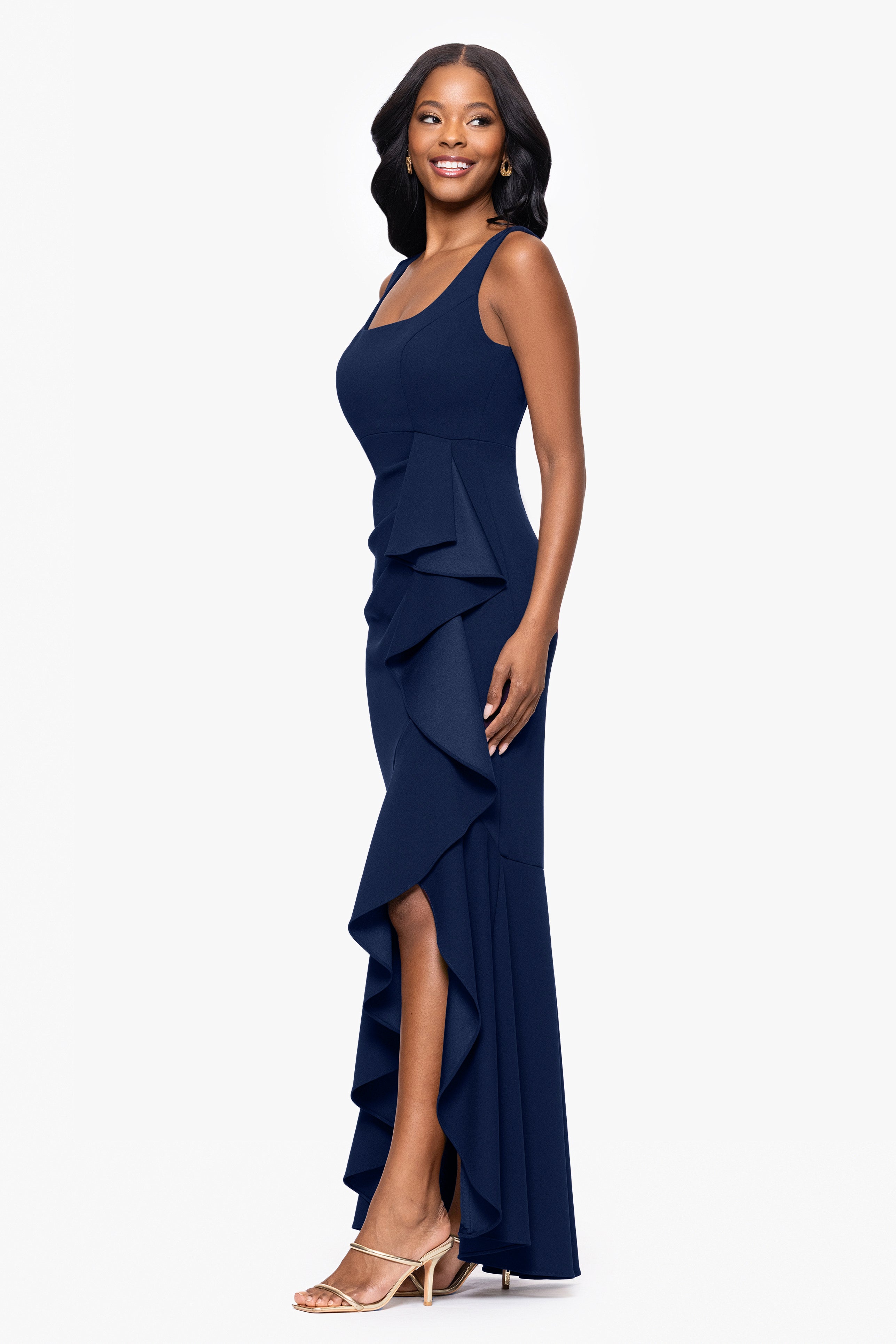 "Lilly" Scuba Crepe Square Neck Ruffle Floor Length Dress